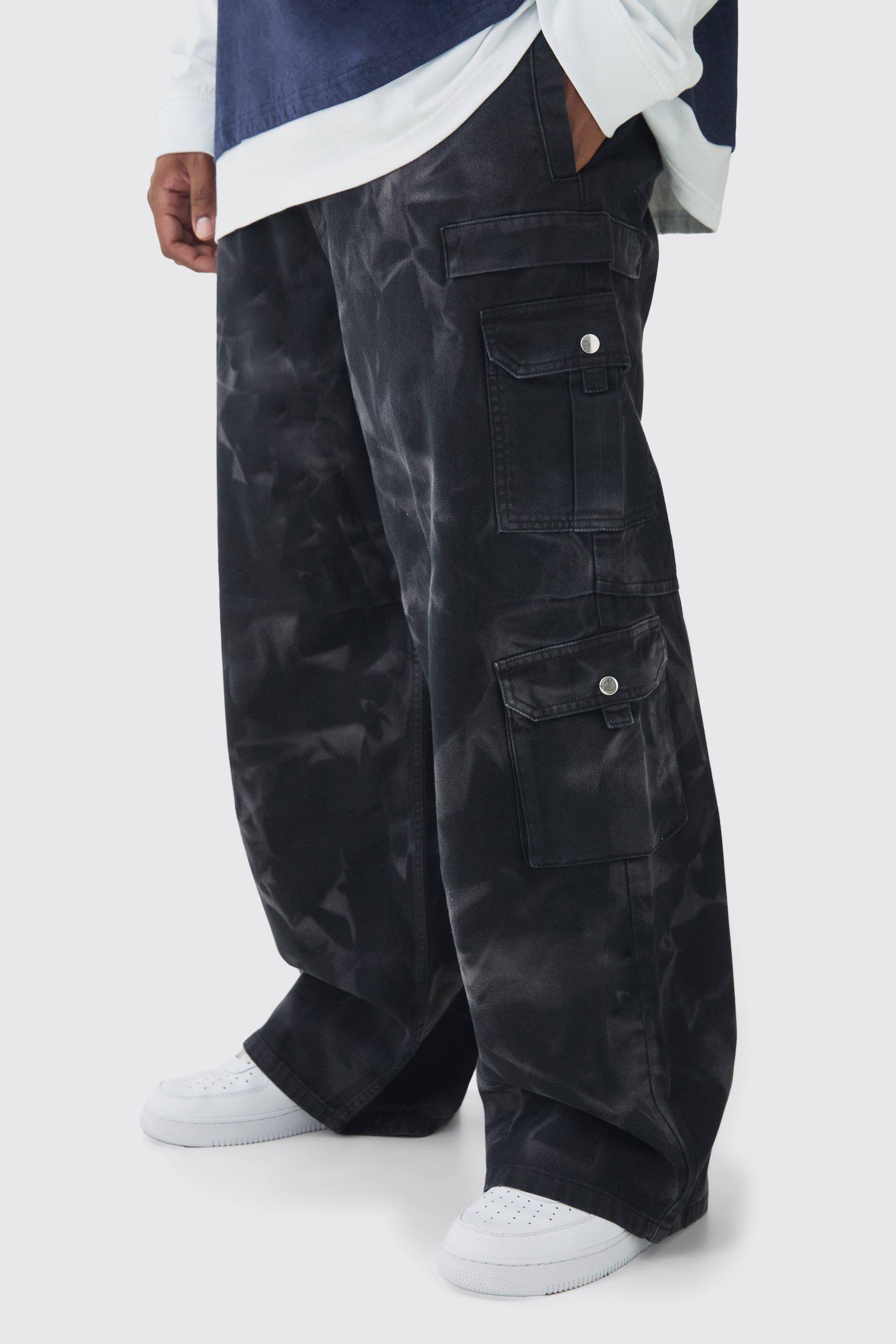 Mens Black Plus Acid Wash Relaxed Fit Cargo Trousers, Black