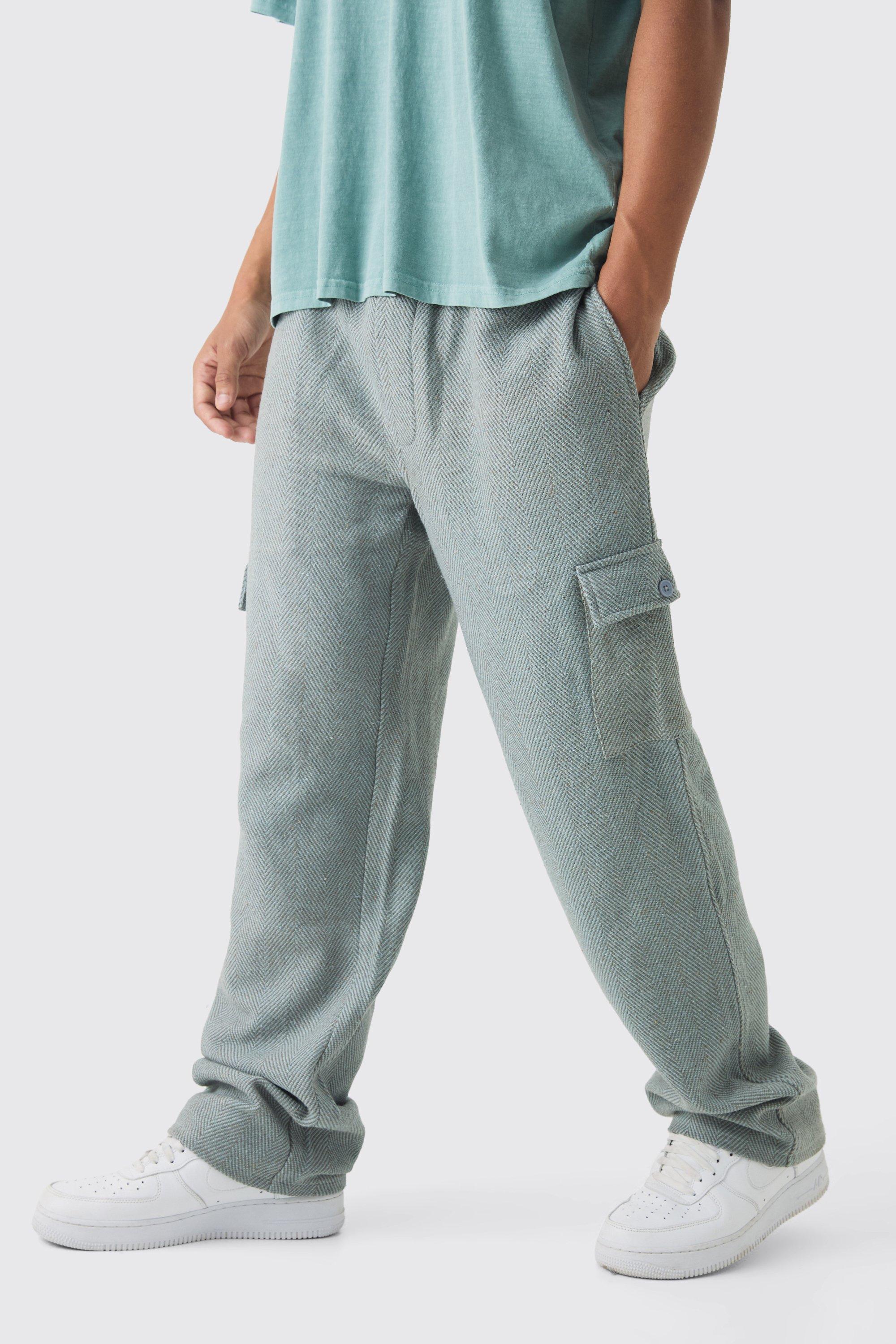 Boohoo Elasticated Waist Relaxed Herringbone Textured Cargo Pants, Grey