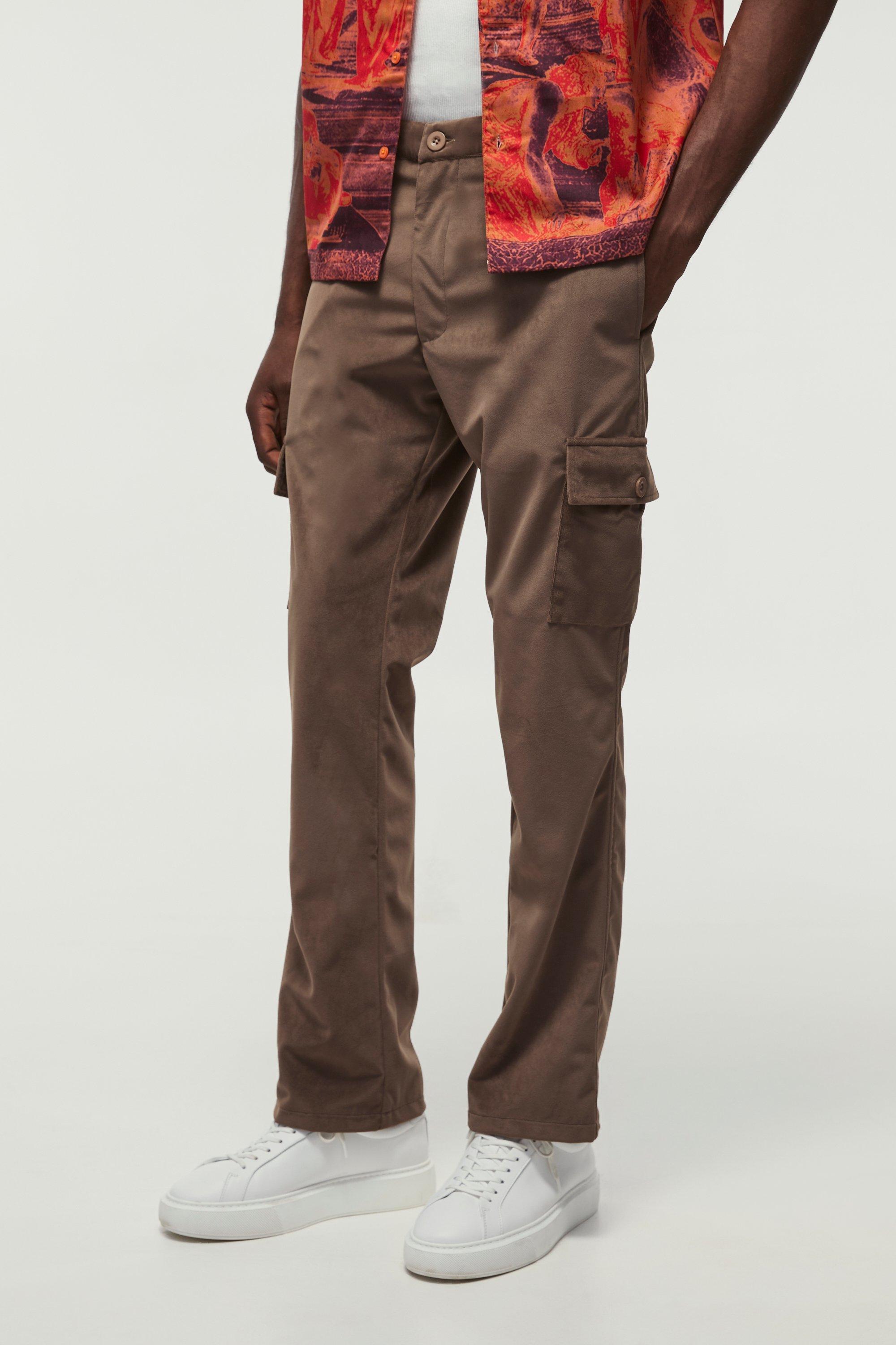 Boohoo Slim Fit Flared Suède Cargo Broek Met Tailleband, Chocolate