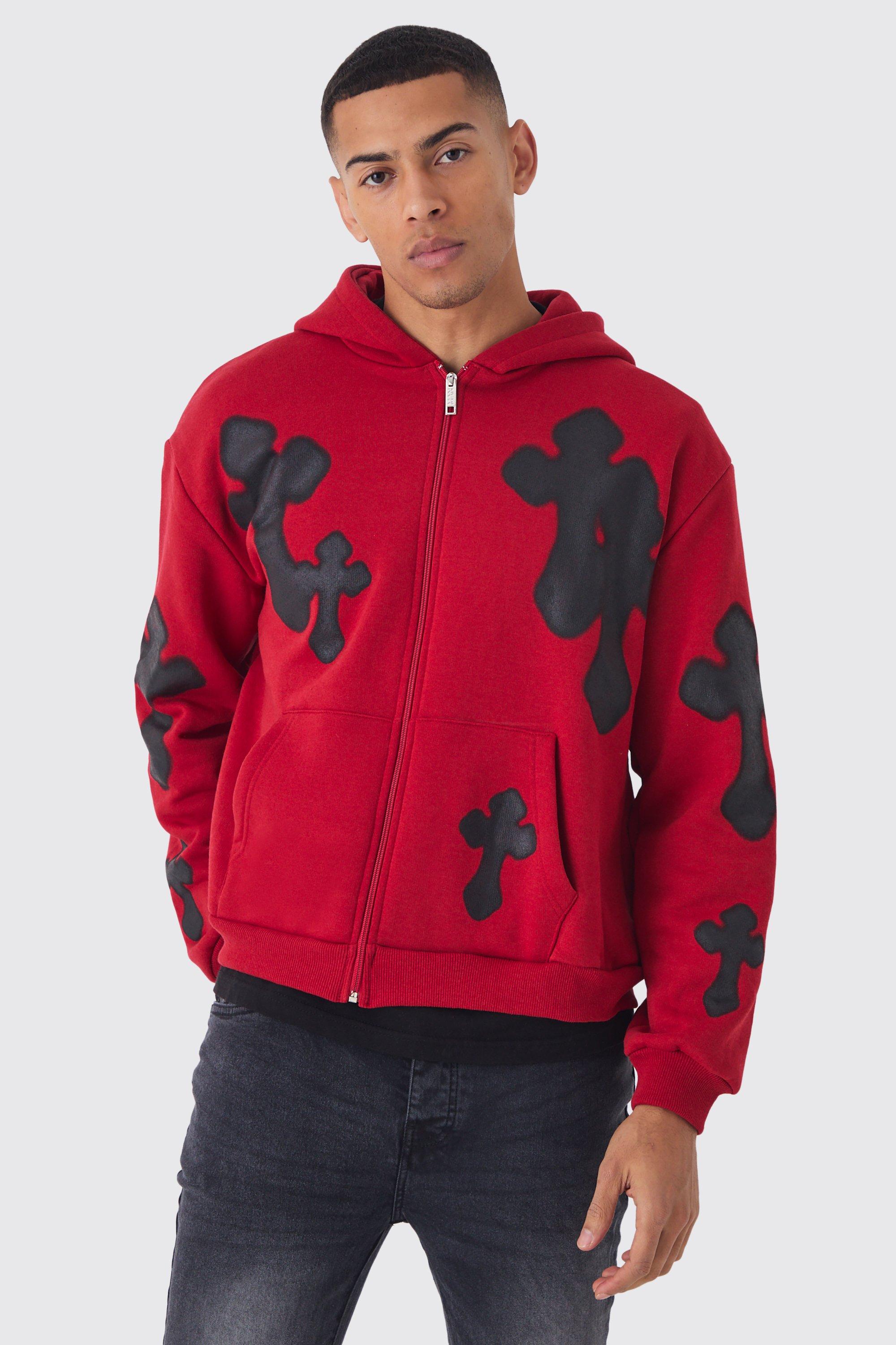 Felpa squadrata oversize con cappuccio, zip e cappuccio incrociato, Rosso