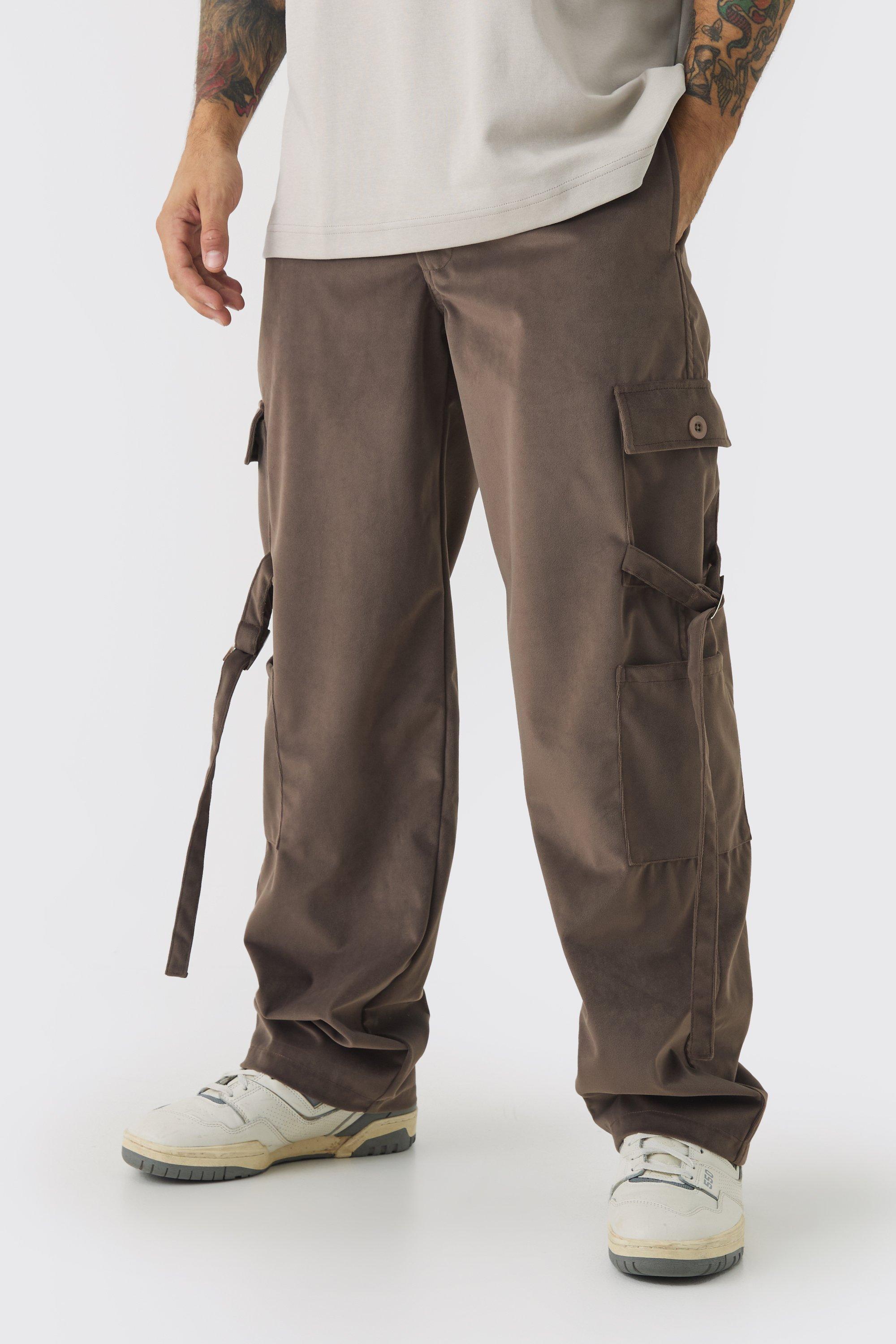 Mens Brown Fixed Waist Relaxed Suede Cargo Strap Trousers, Brown