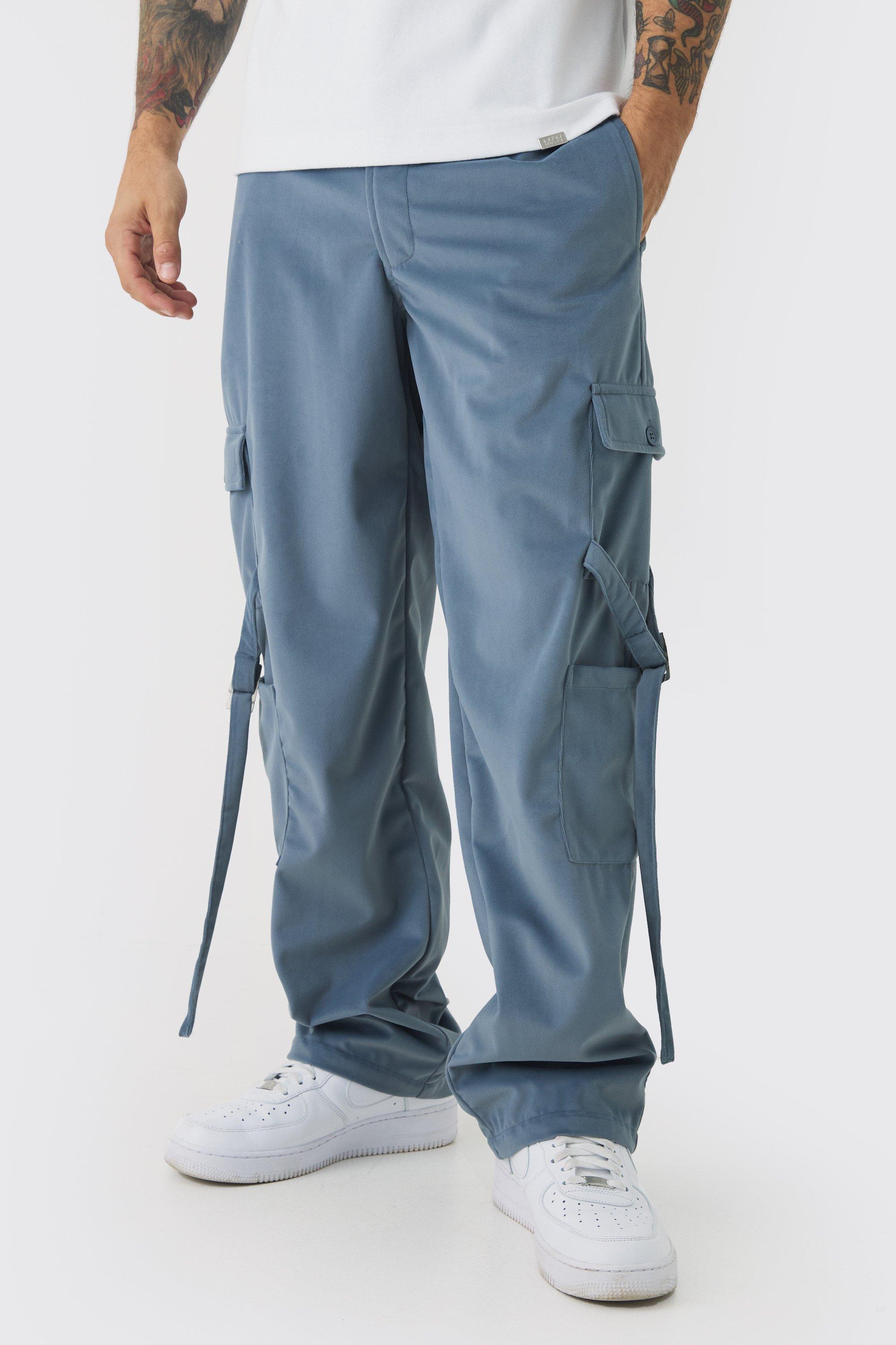 Pantaloni rilassati in scamosciato con fascette Cargo e vita fissa, Grigio