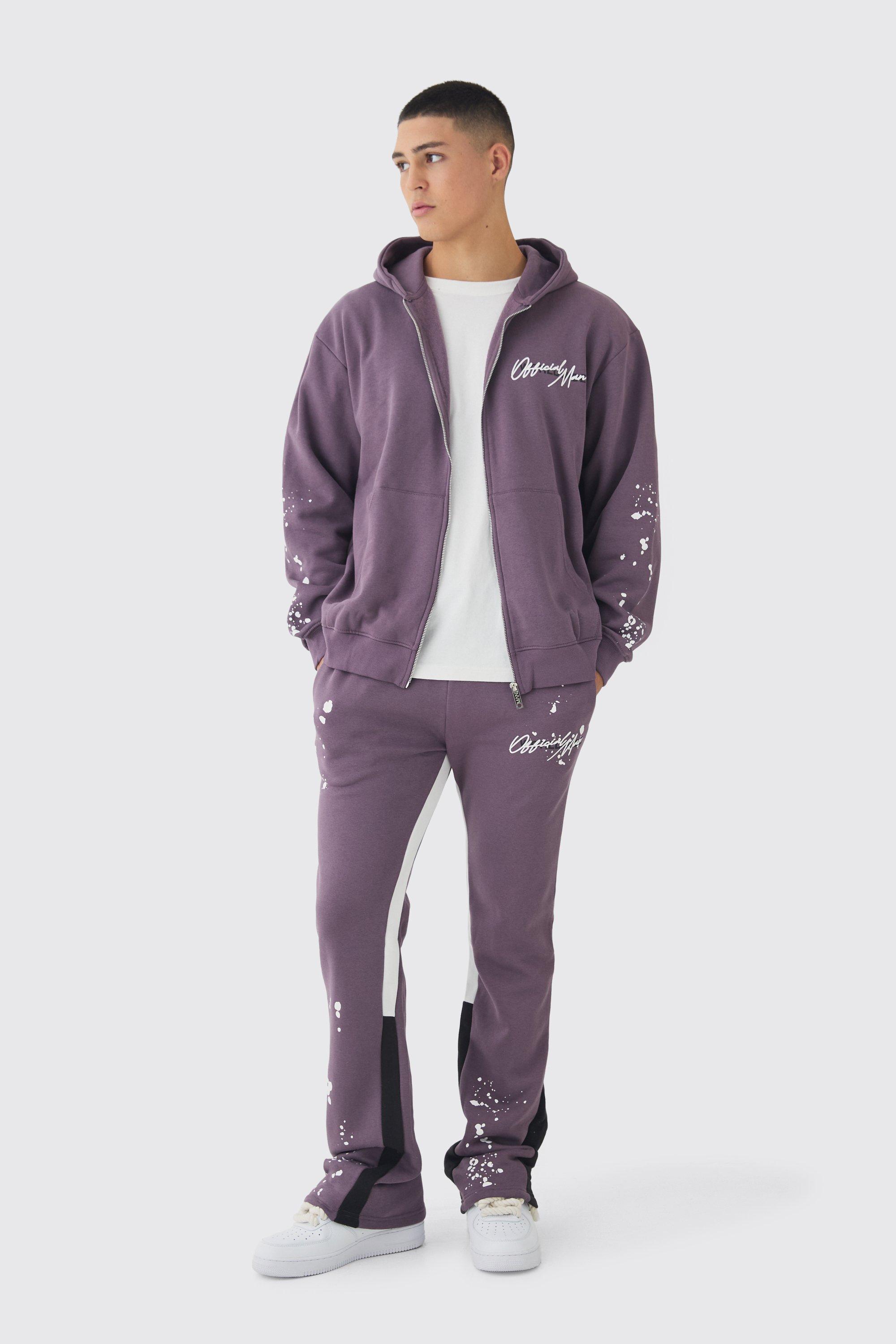 Mens Purple Oversized Graffiti Paint Splatter Gusset Tracksuit, Purple