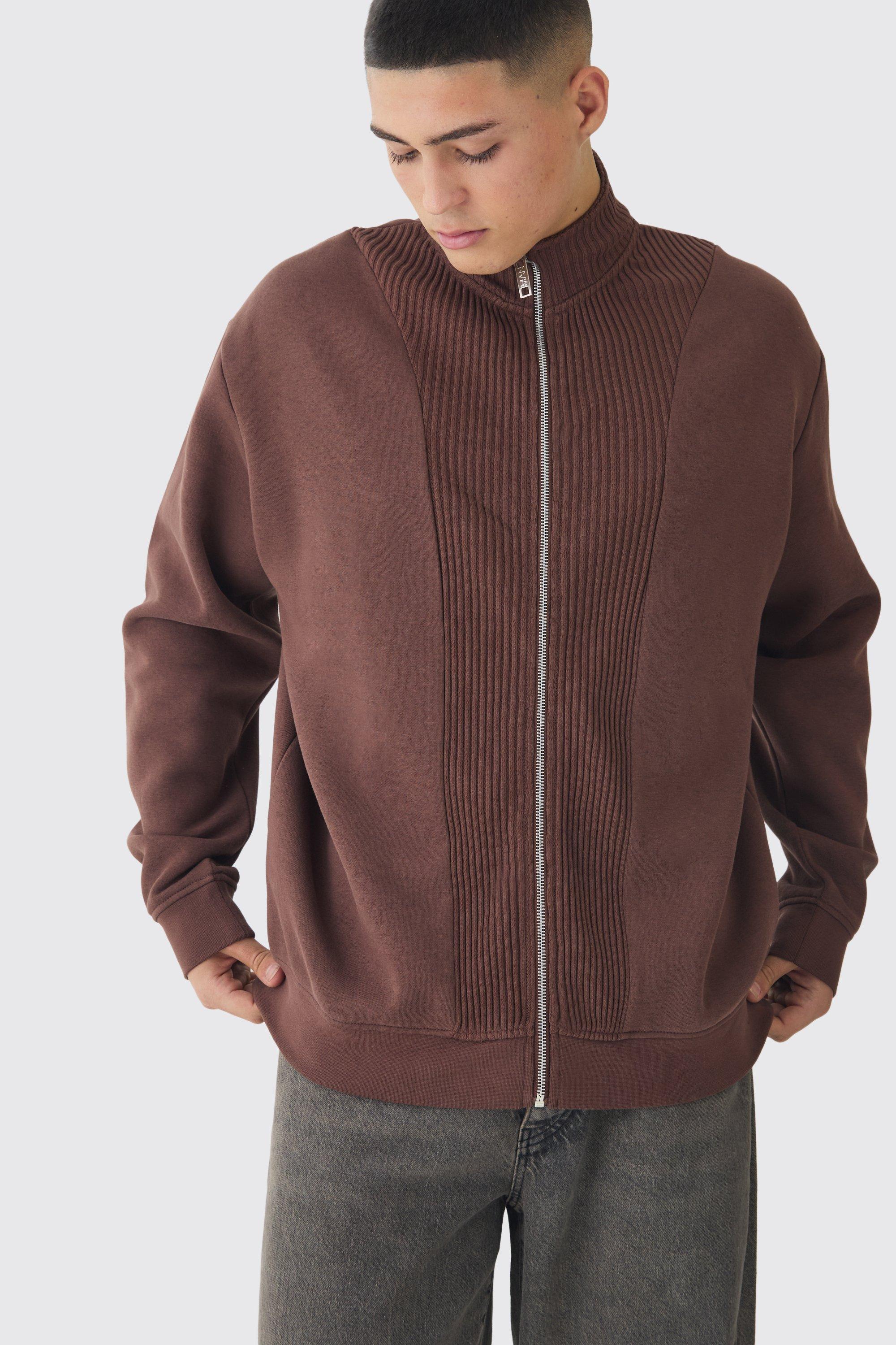 Oversized Funnel Neck Zip Through Thick Rib Sweat, Brown