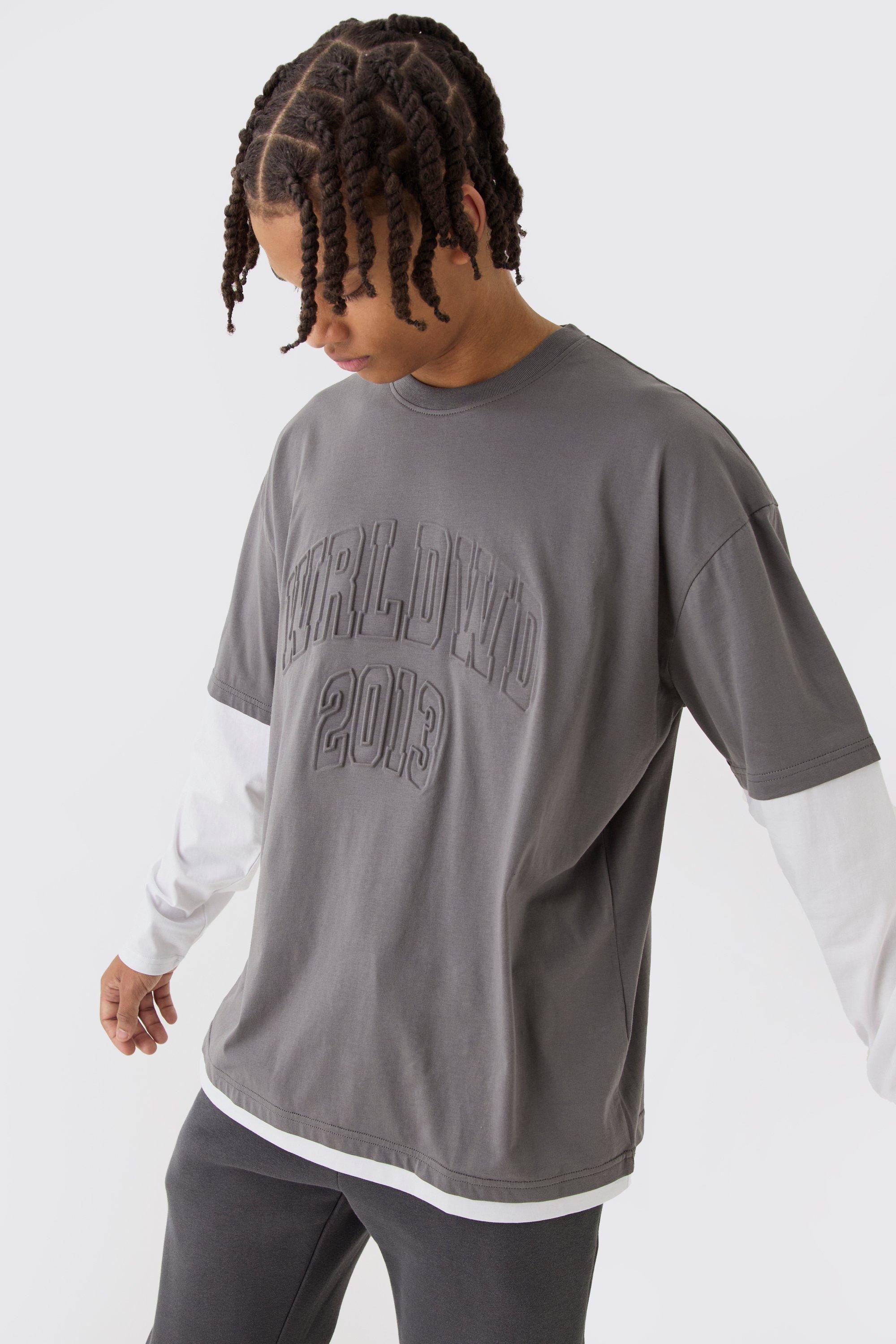 T-shirt oversize con finto doppio livello e incisioni in rilievo, Grigio