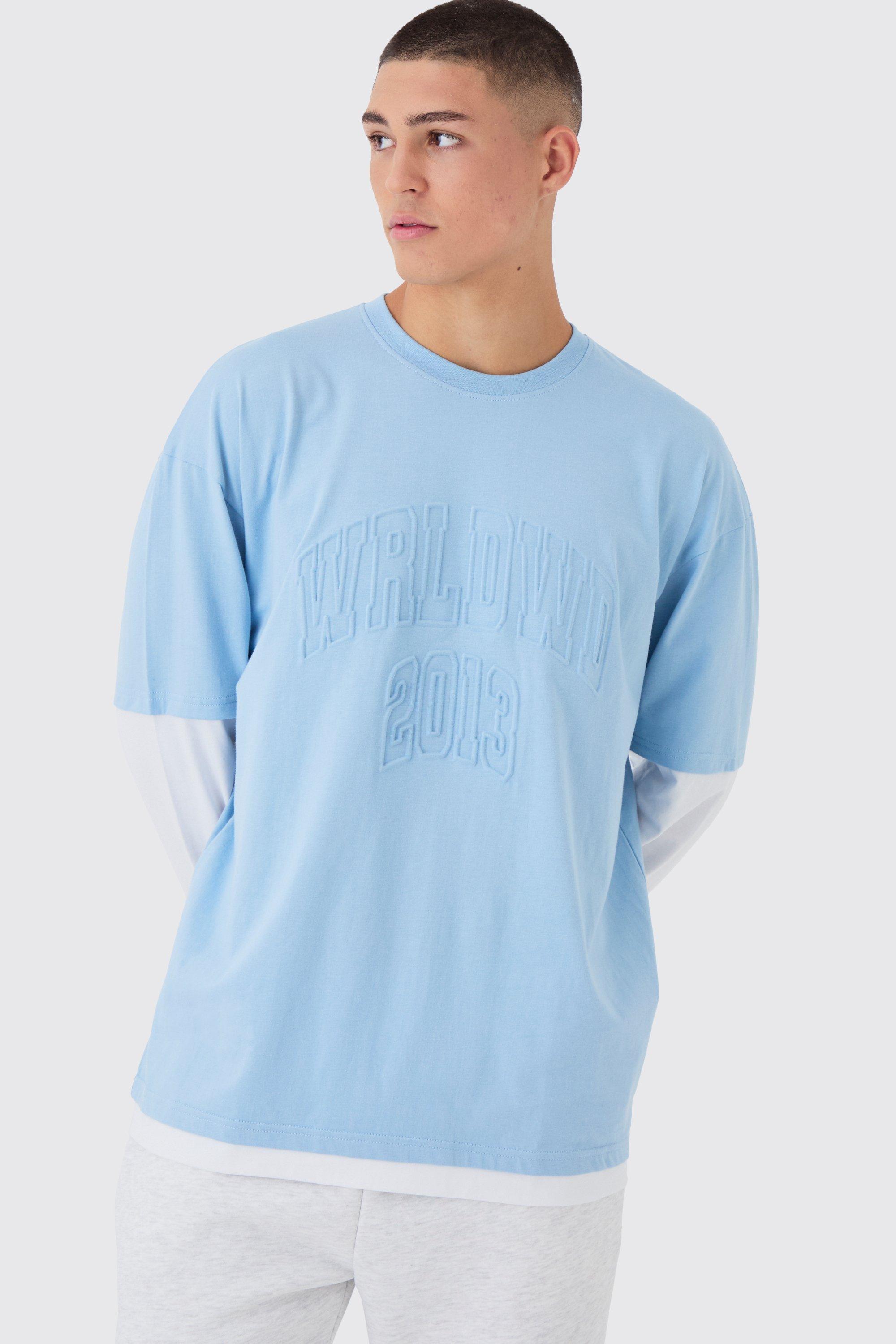 T-shirt oversize con finto doppio livello e incisioni in rilievo, Azzurro