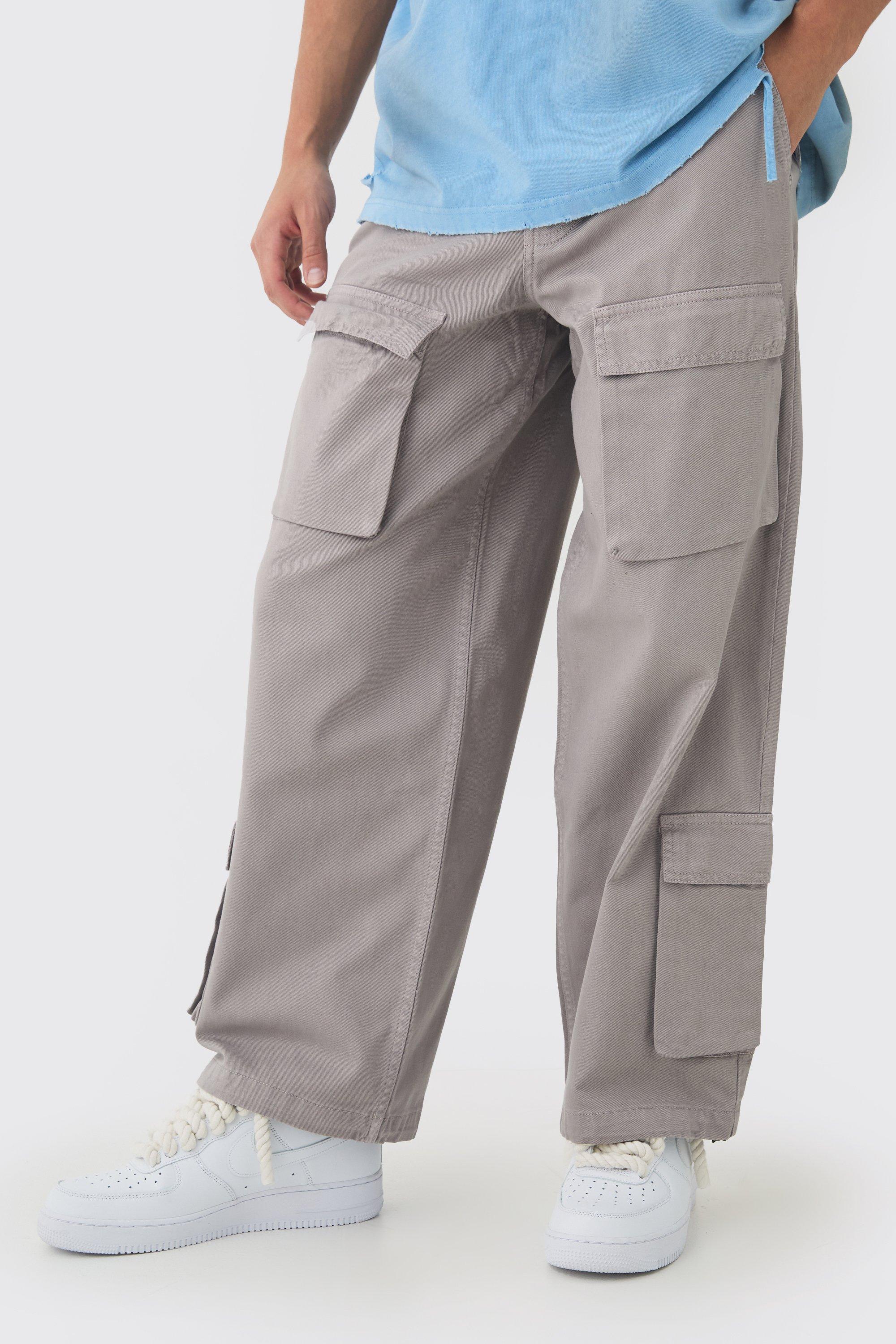 Mens Grey Fixed Waist Baggy Twill Multi Pocket Cargo Trousers, Grey