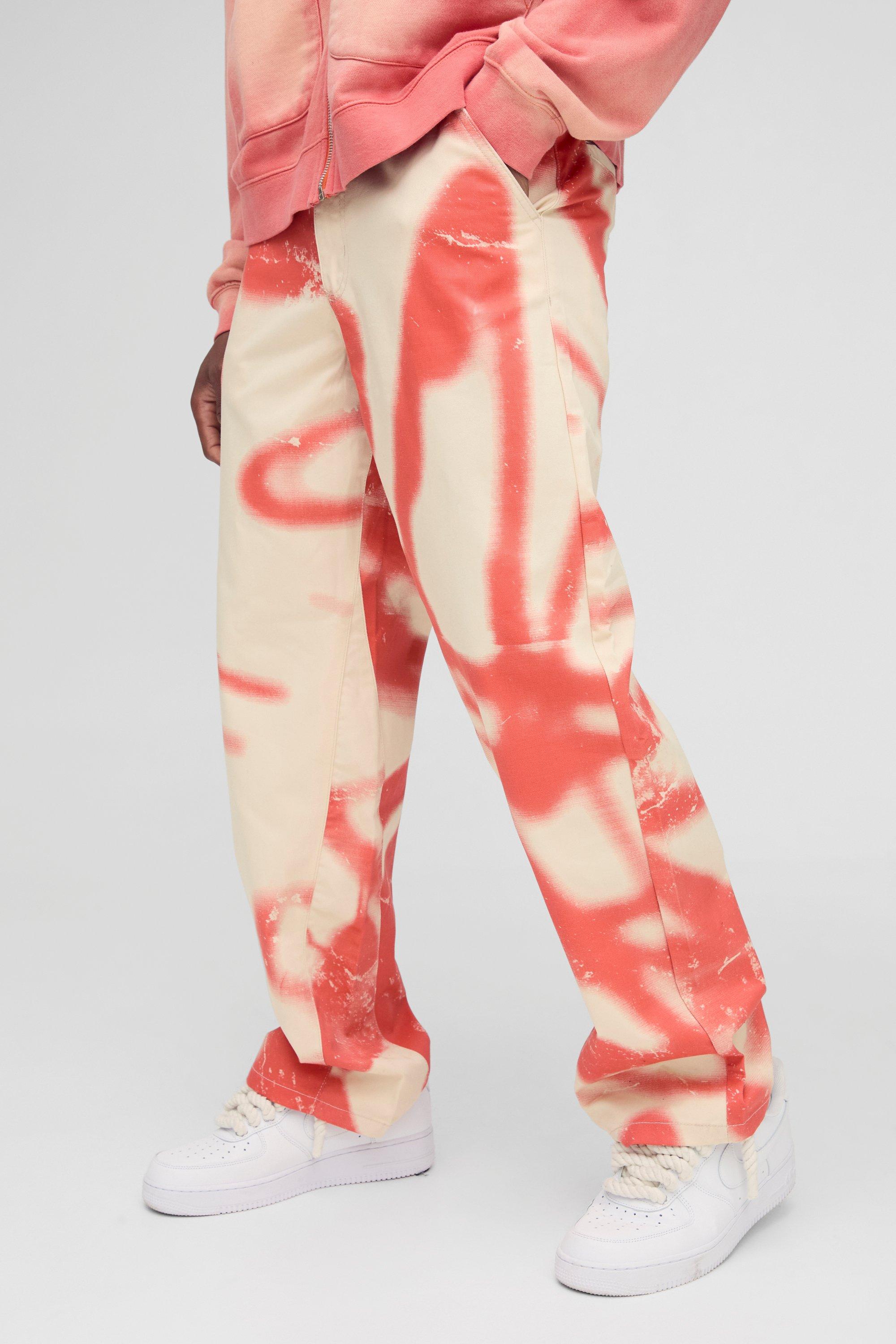 Mens Red Fixed Waist Relaxed Twill Graffiti Printed Trousers, Red