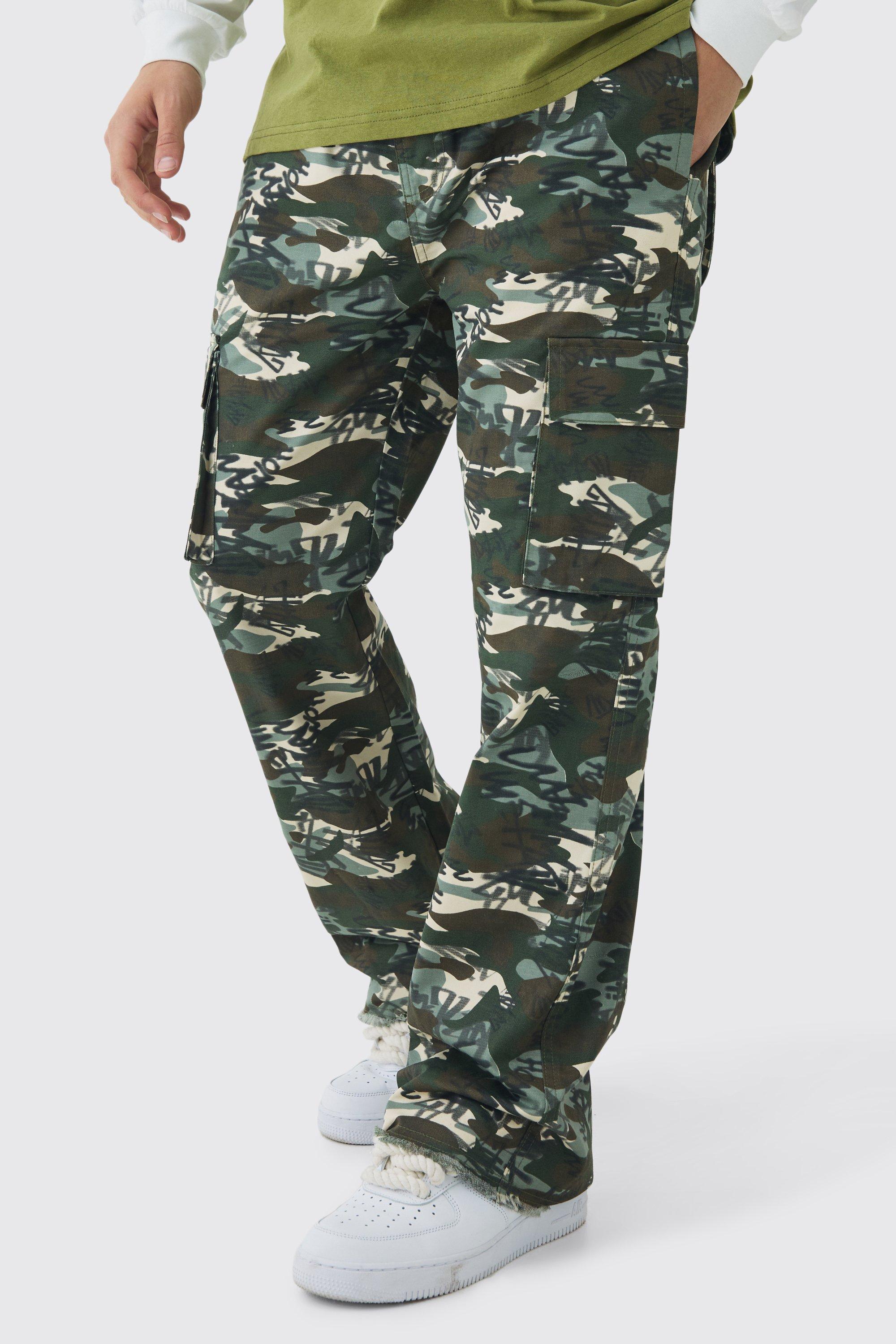 Mens Green Elasticated Waist Relaxed Twill Printed Cargo Trousers, Green