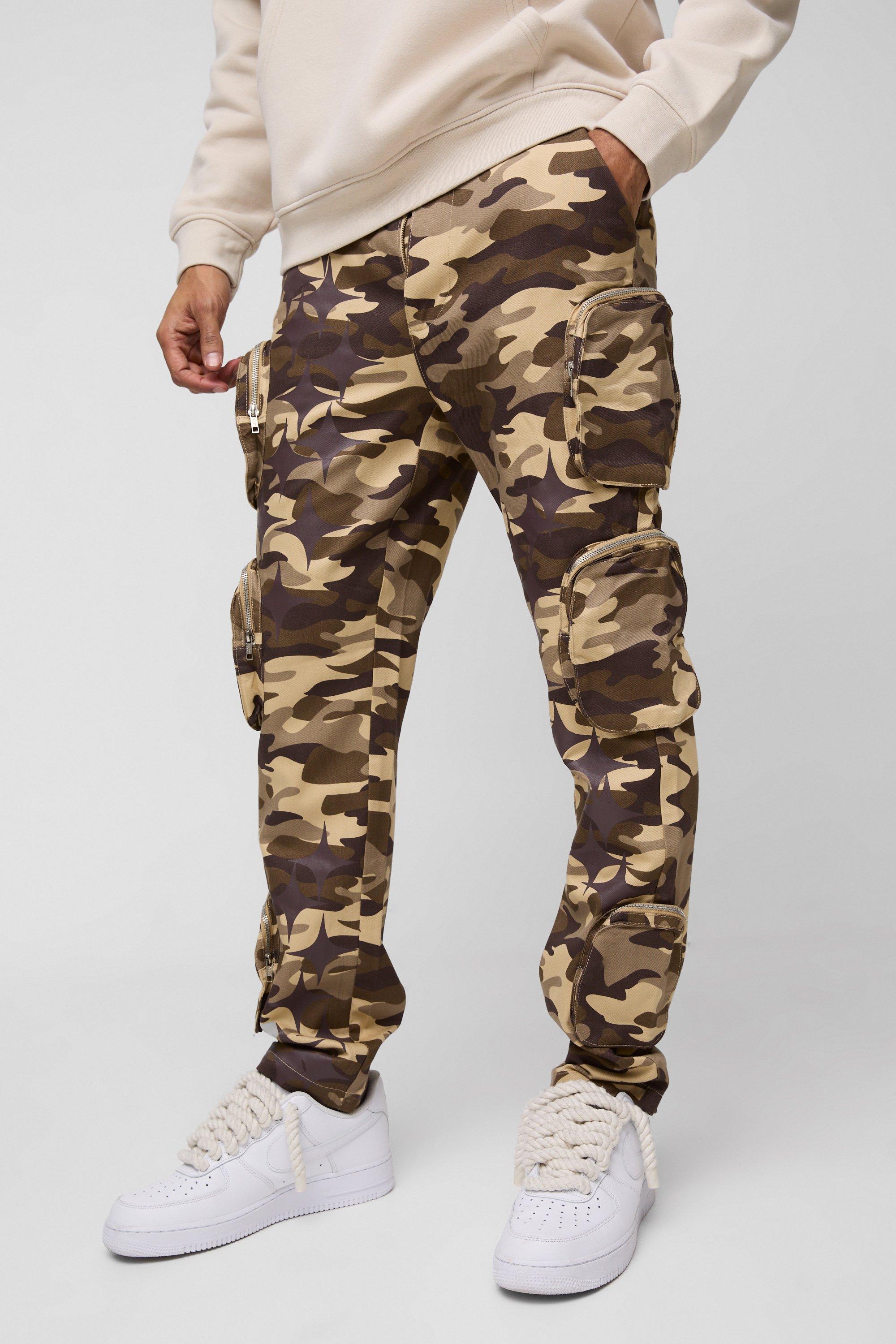 Boohoo Ombre Camouflage Print Slim Fit Keperstof Cargo Broek Met Zakken En Tailleband, Brown