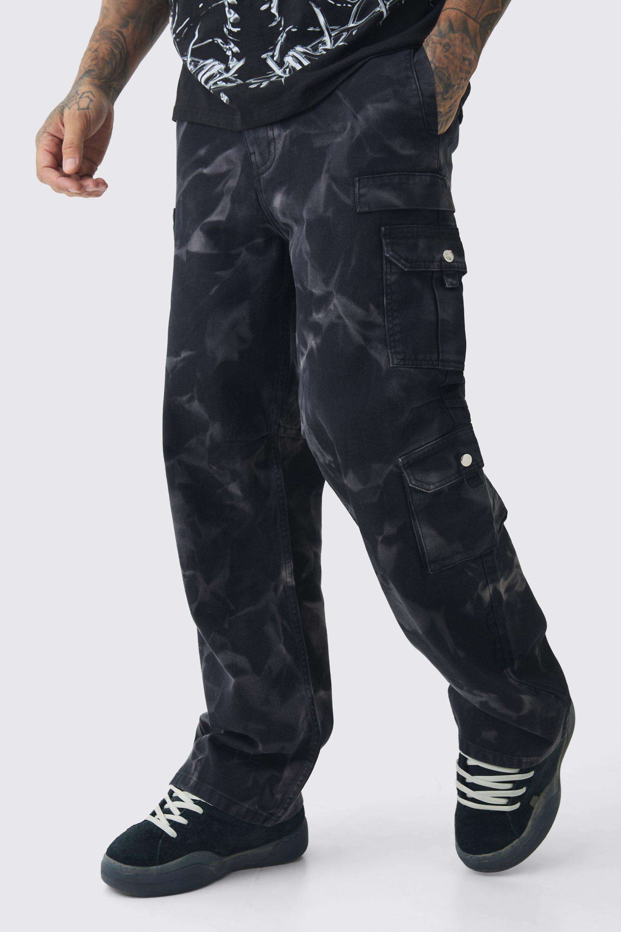 Mens Black Tall Acid Wash Relaxed Fit Cargo Trousers, Black