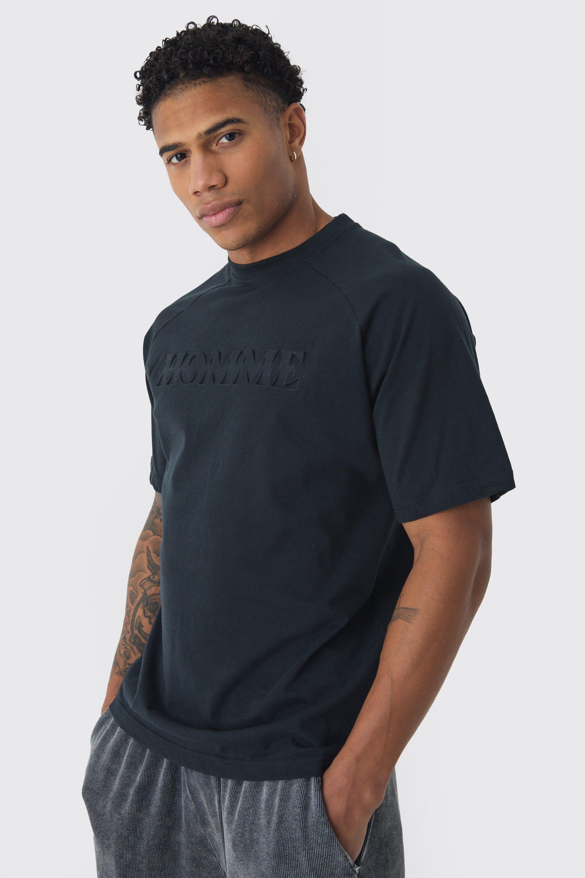 Mens Black Regular Fit Raglan Mixed Emboss T-Shirt, Black