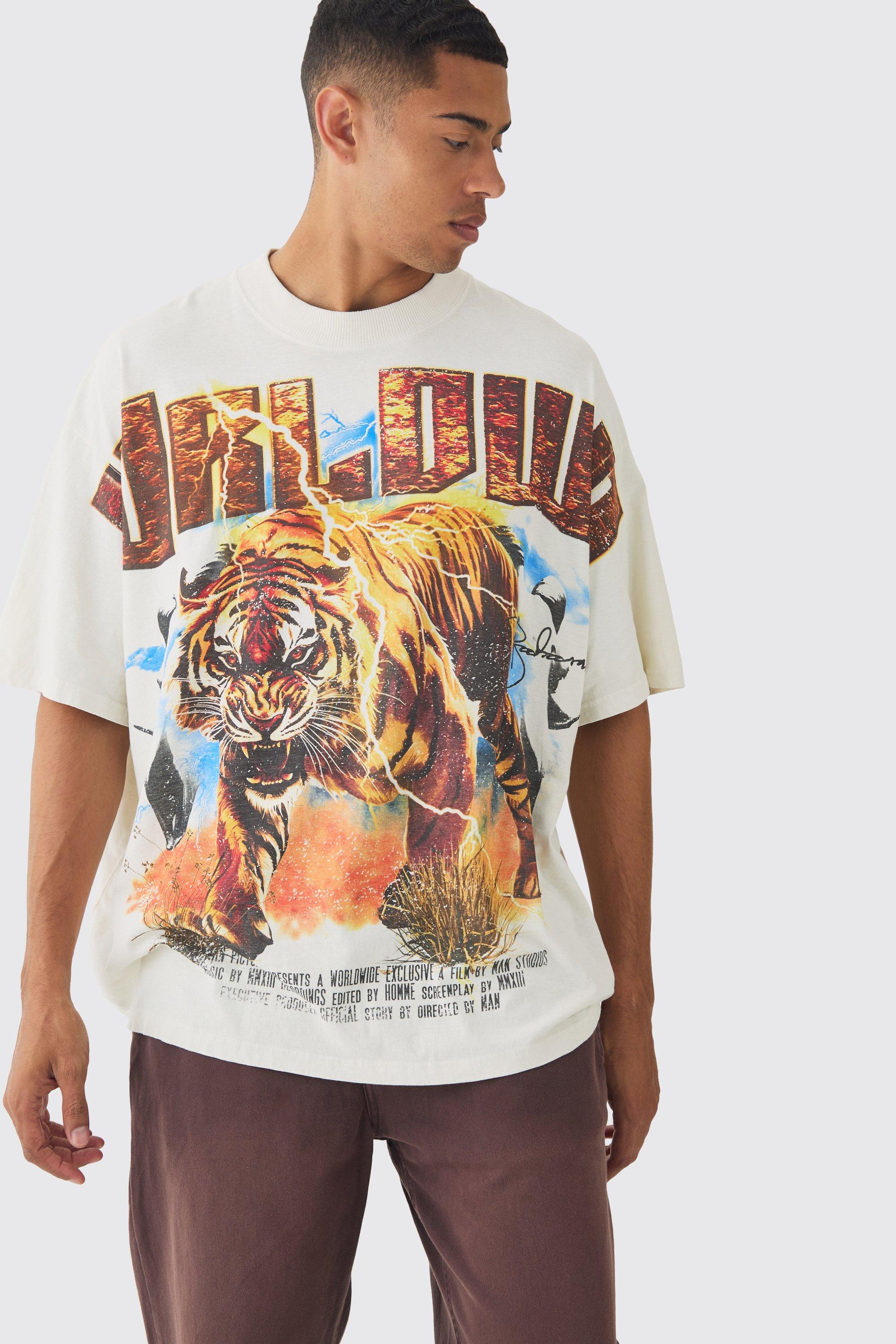 Mens Cream Oversized Western Worldwide Tiger Large Scale Wash Print T-Shirt, Cream