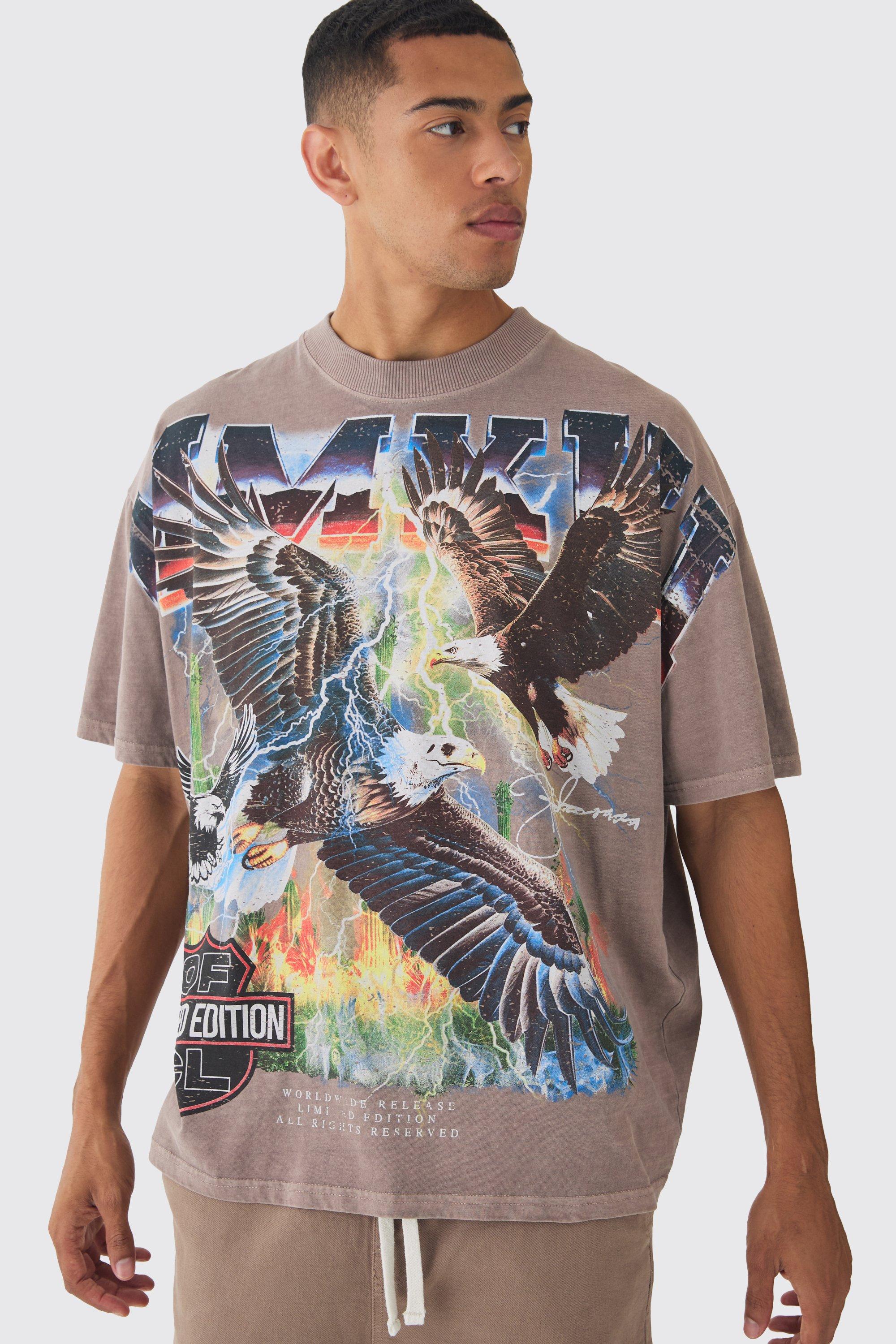 Mens Brown Oversized Western USA Eagle Large Scale Wash Print T-Shirt, Brown