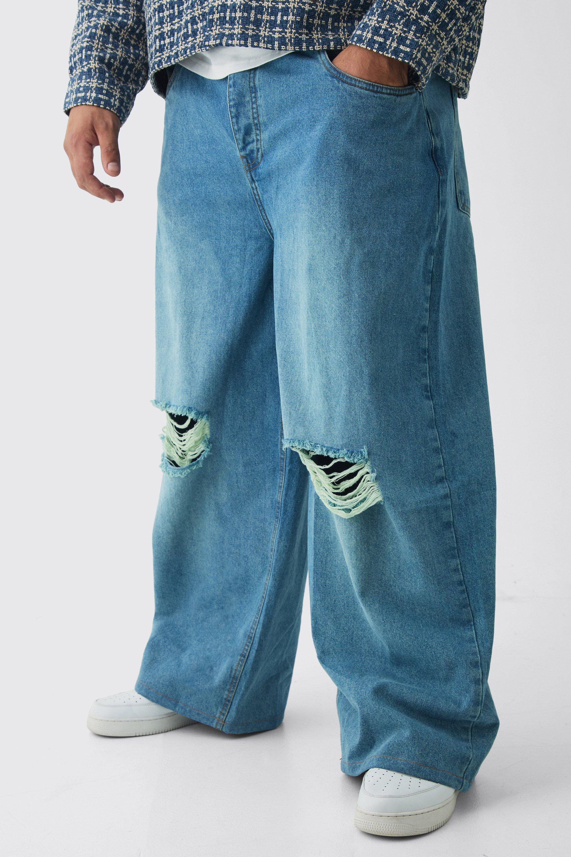 Mens Blue Plus Baggy Fit Distressed Jeans, Blue