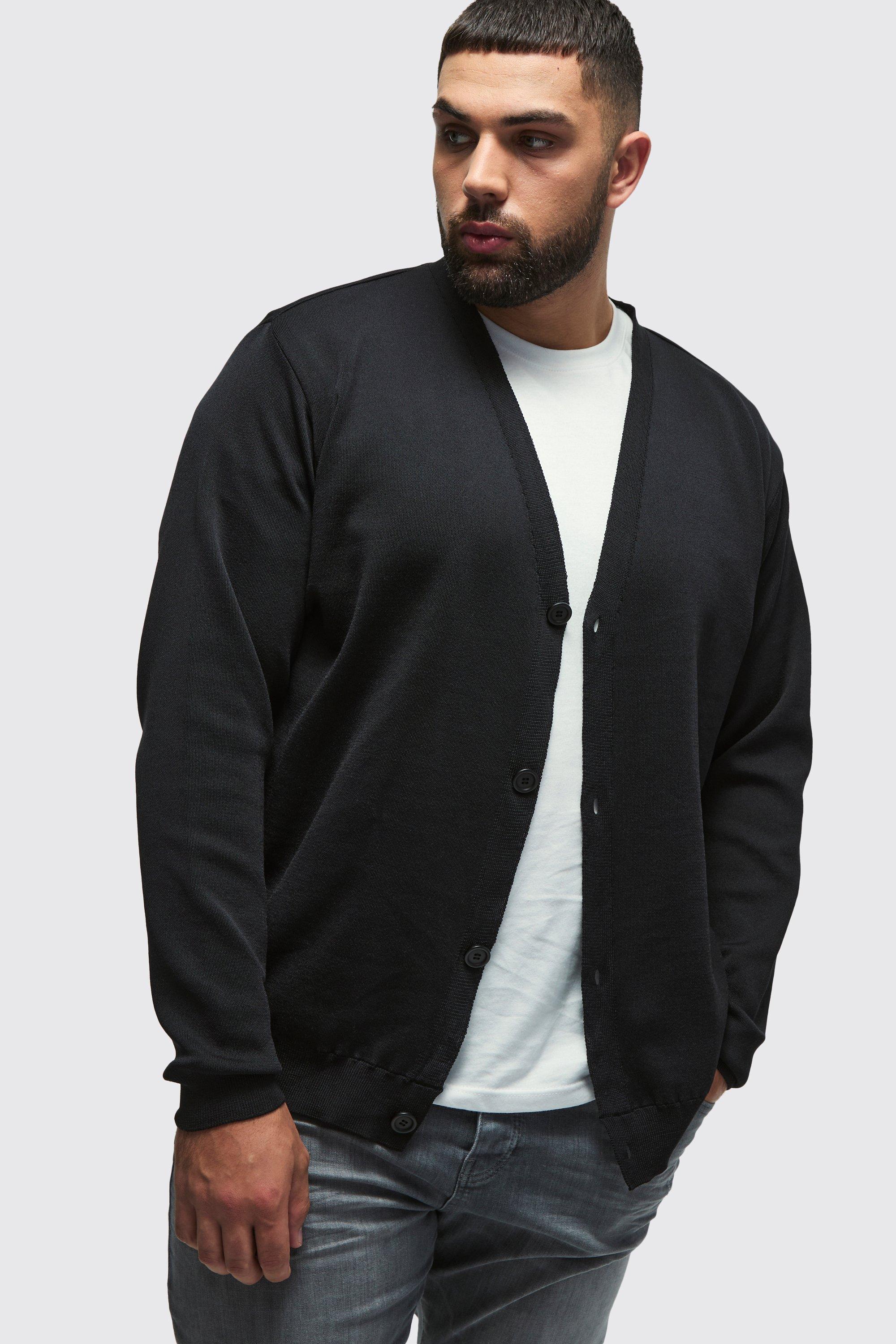 Mens Plus Basic Regular Fit Cardigan in Black, Black