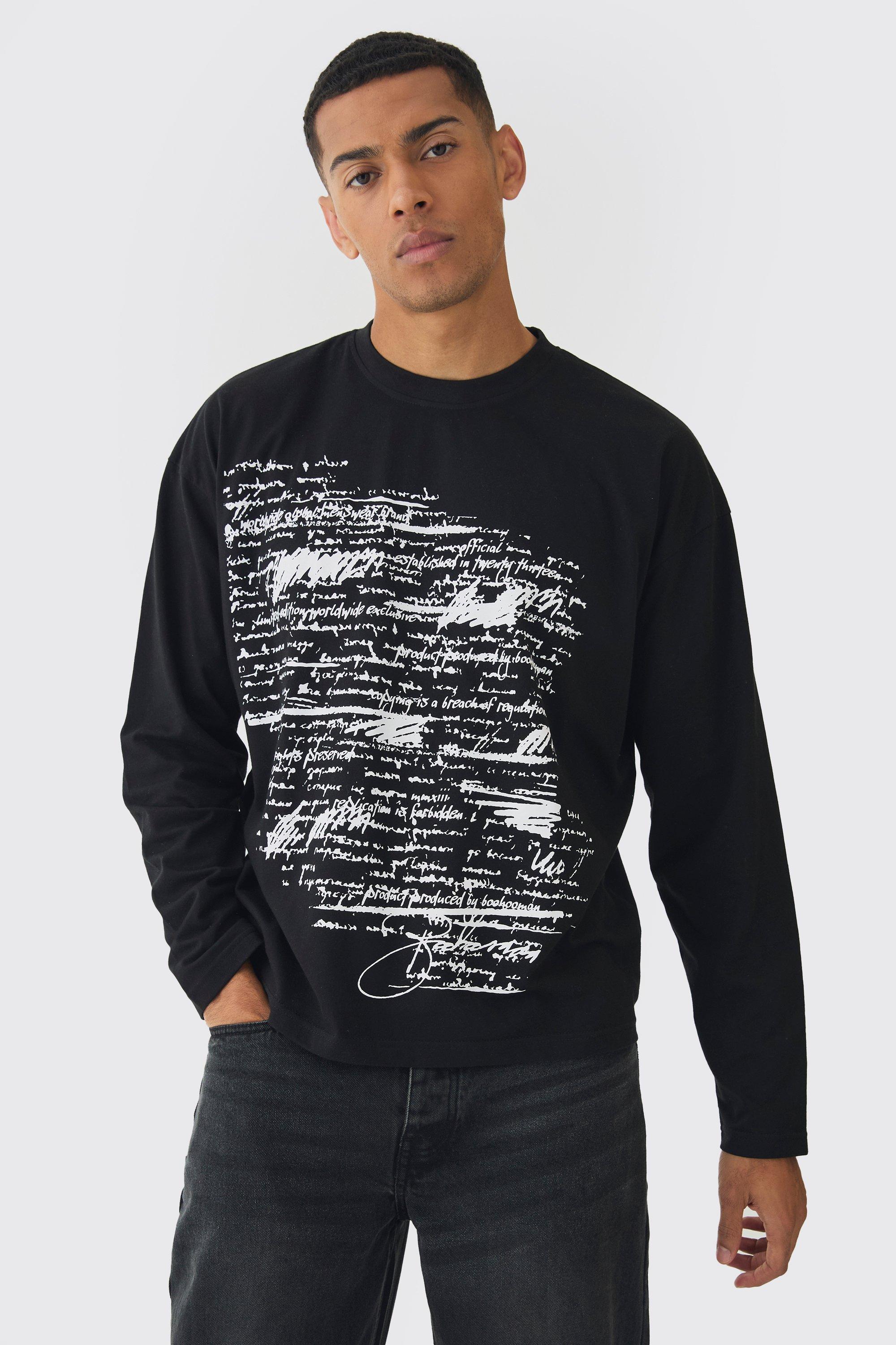 Mens Black Oversized Boxy Large Scale Print Long Sleeve T-Shirt, Black