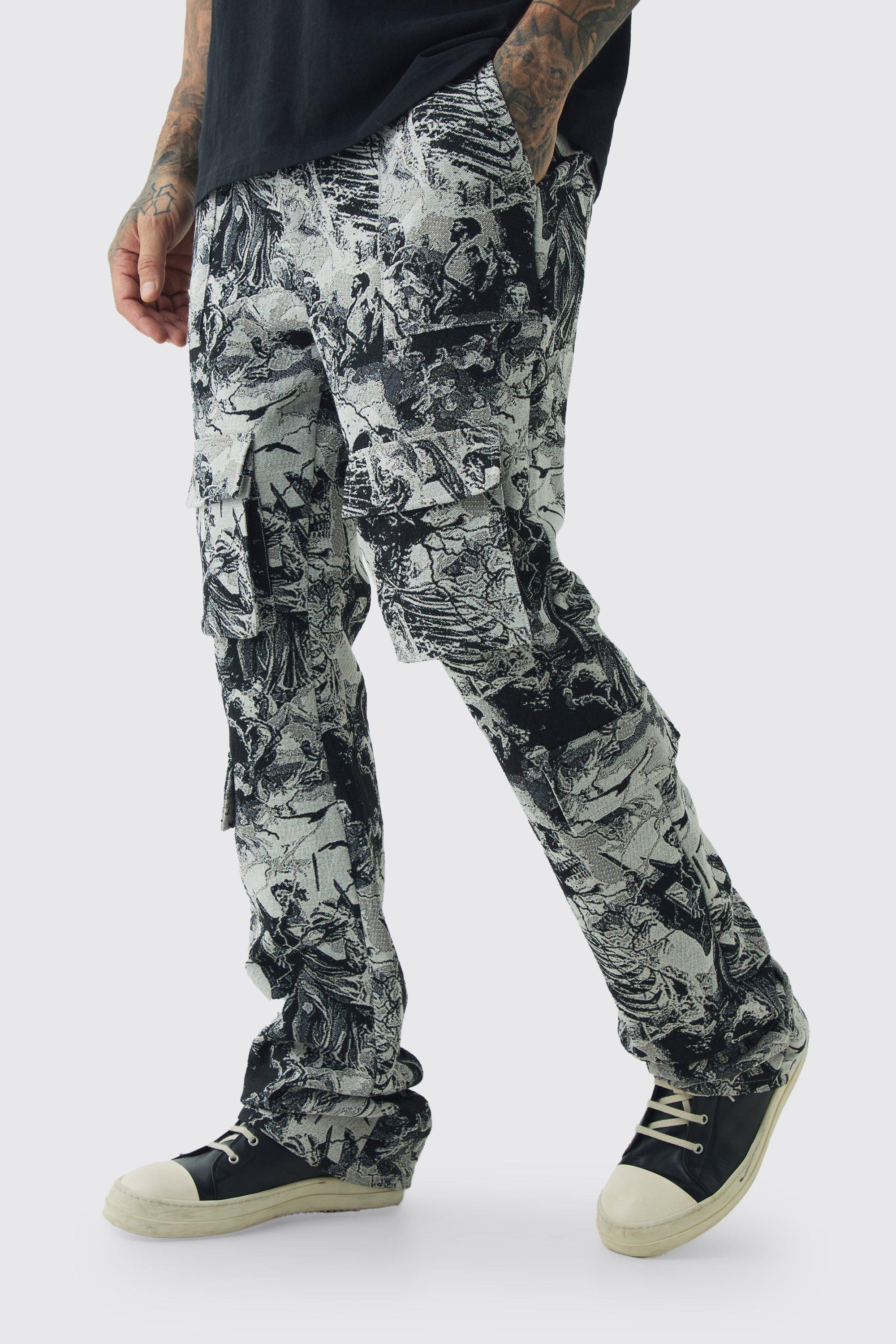 Mens Grey Tall Skeleton Tapestry Frayed Stacked Flared Cargo Jeans, Grey