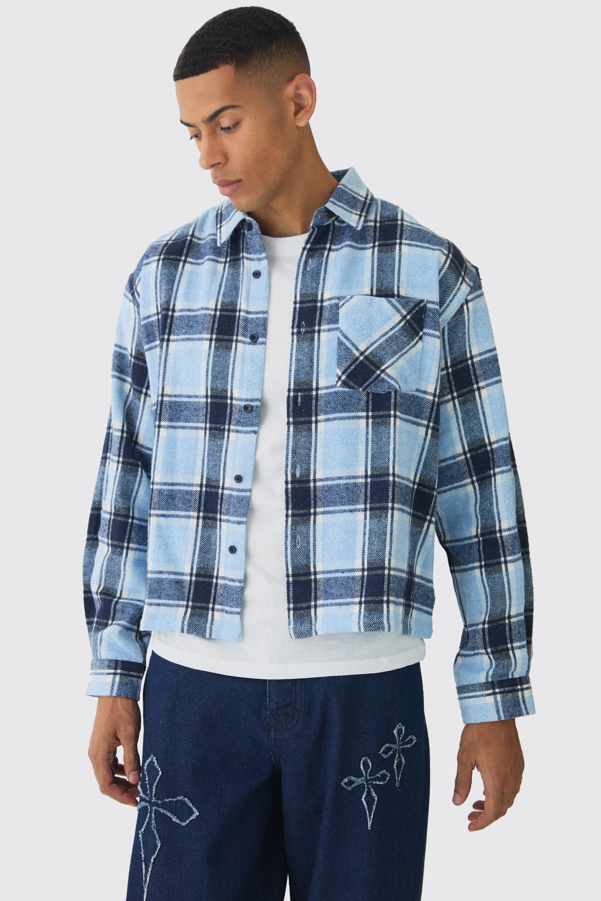 Mens Blue Oversized Boxy Long Sleeve Check Shirt, Blue
