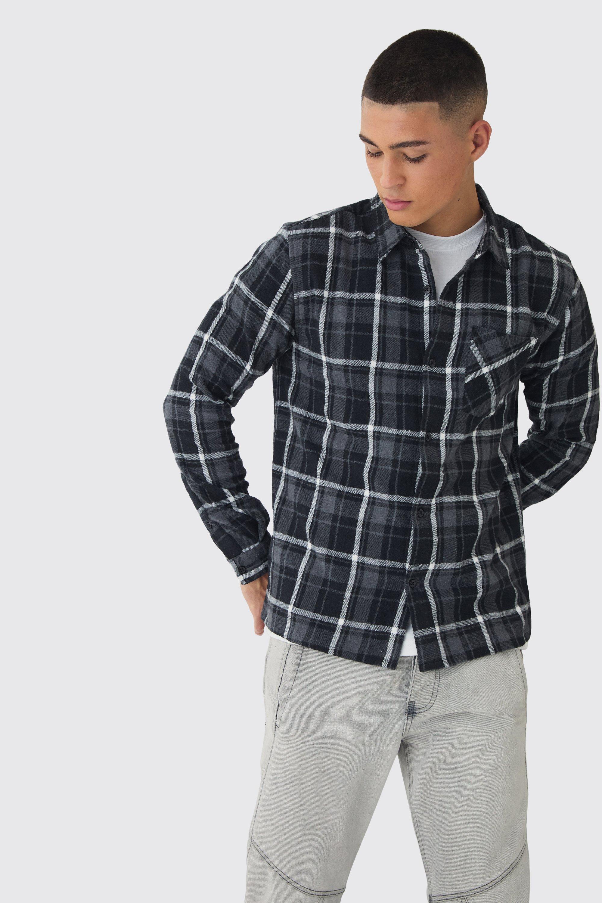 Mens Grey Regular Fit Long Sleeve Check Shirt, Grey
