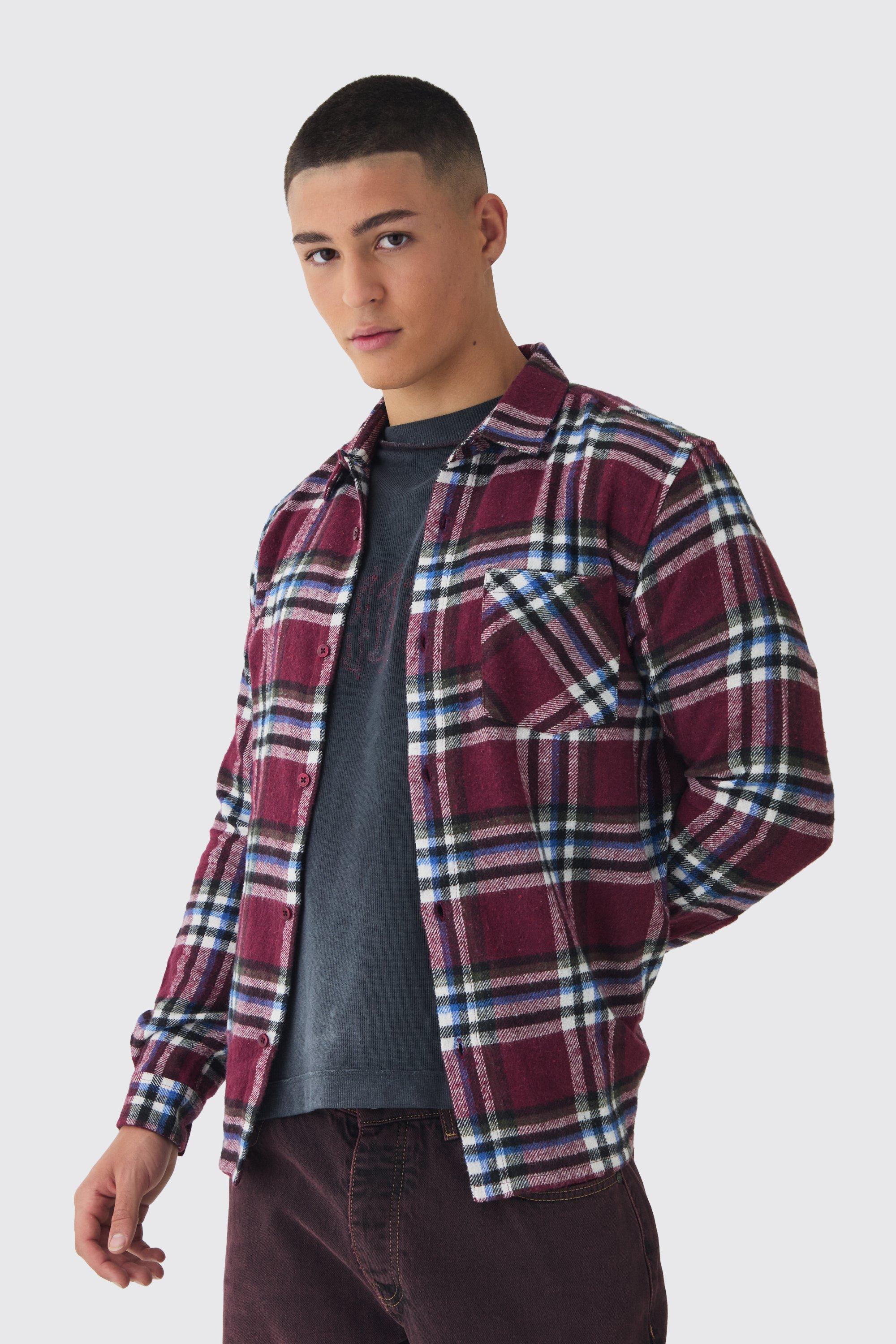 Mens Red Regular Fit Long Sleeve Check Shirt, Red
