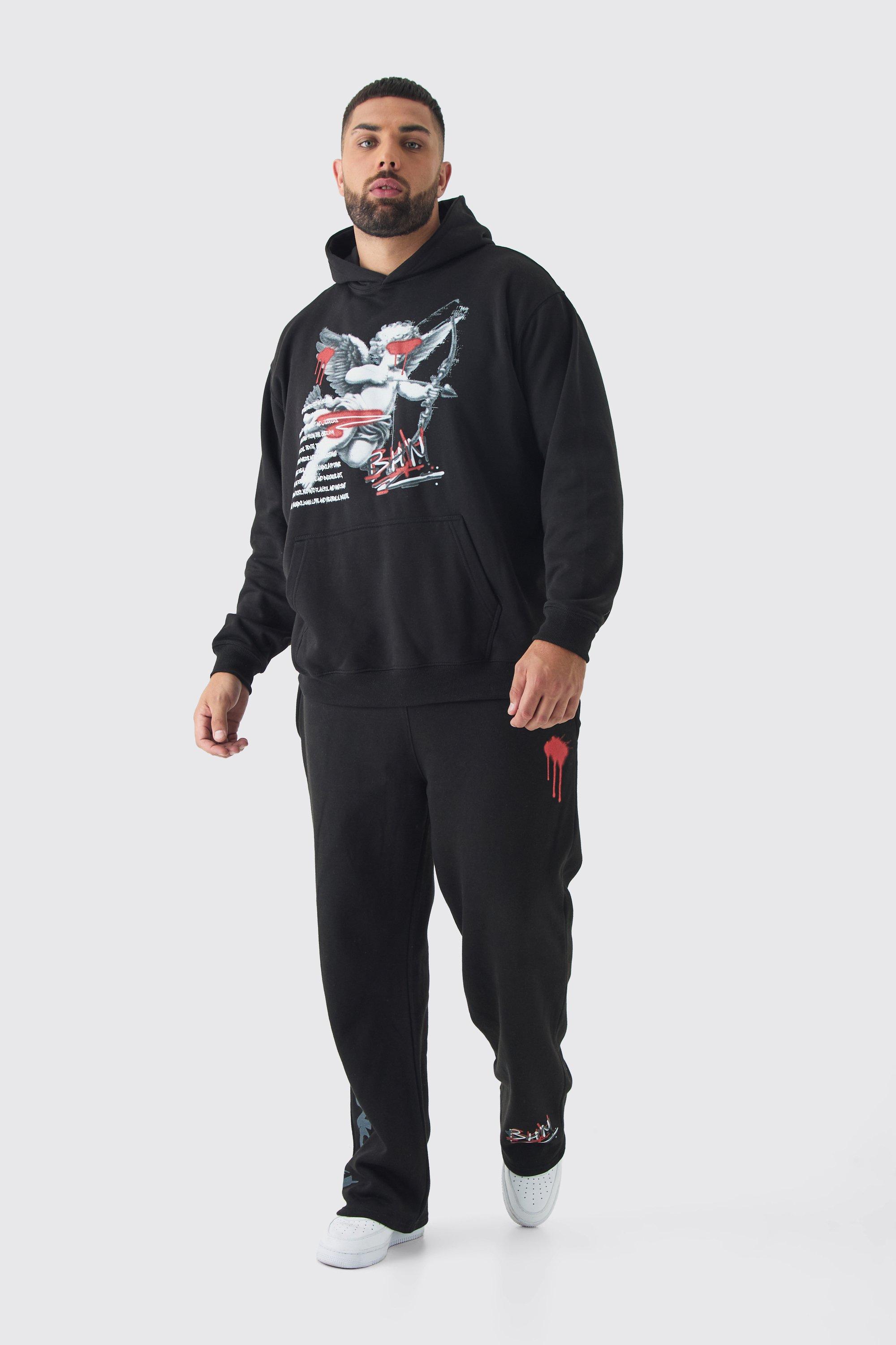 Mens Black Plus Cherub Graffiti Graphic Hoodie & Relaxed Fit Jogger Tracksuit, Black