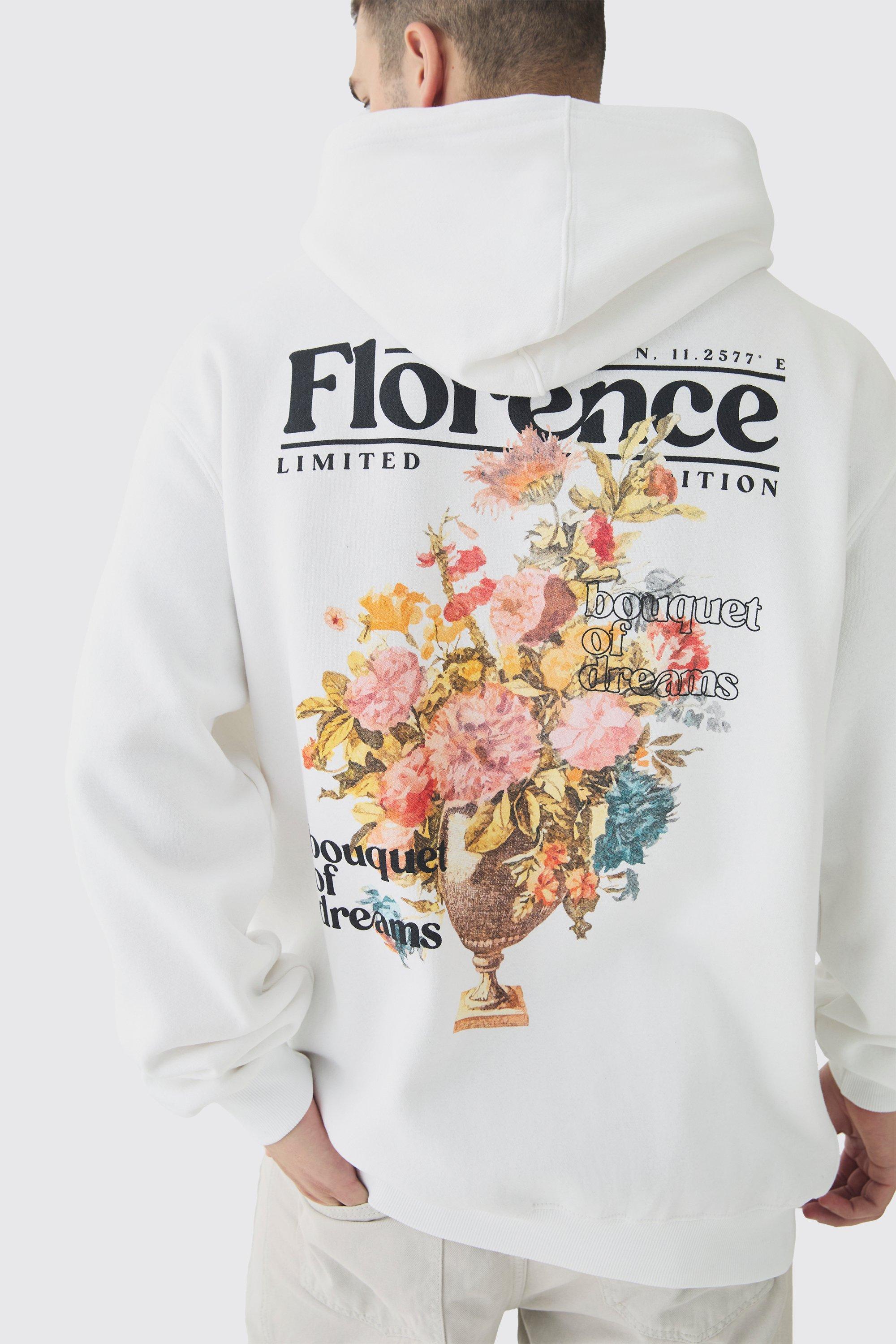Mens White Tall Floral Back Print Oversized Hoodie, White