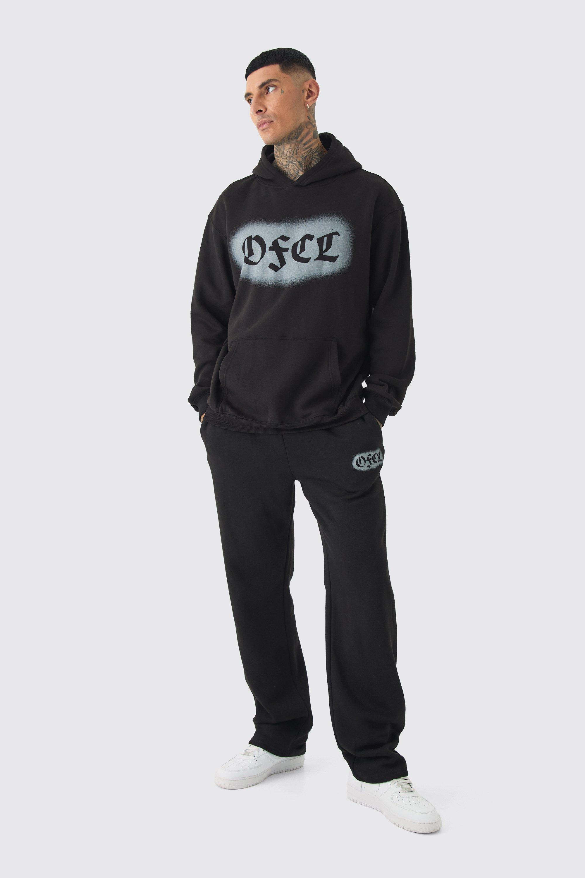 Mens Black Tall OFCL Spray Hoodie & Relaxed Fit Jogger Tracksuit, Black