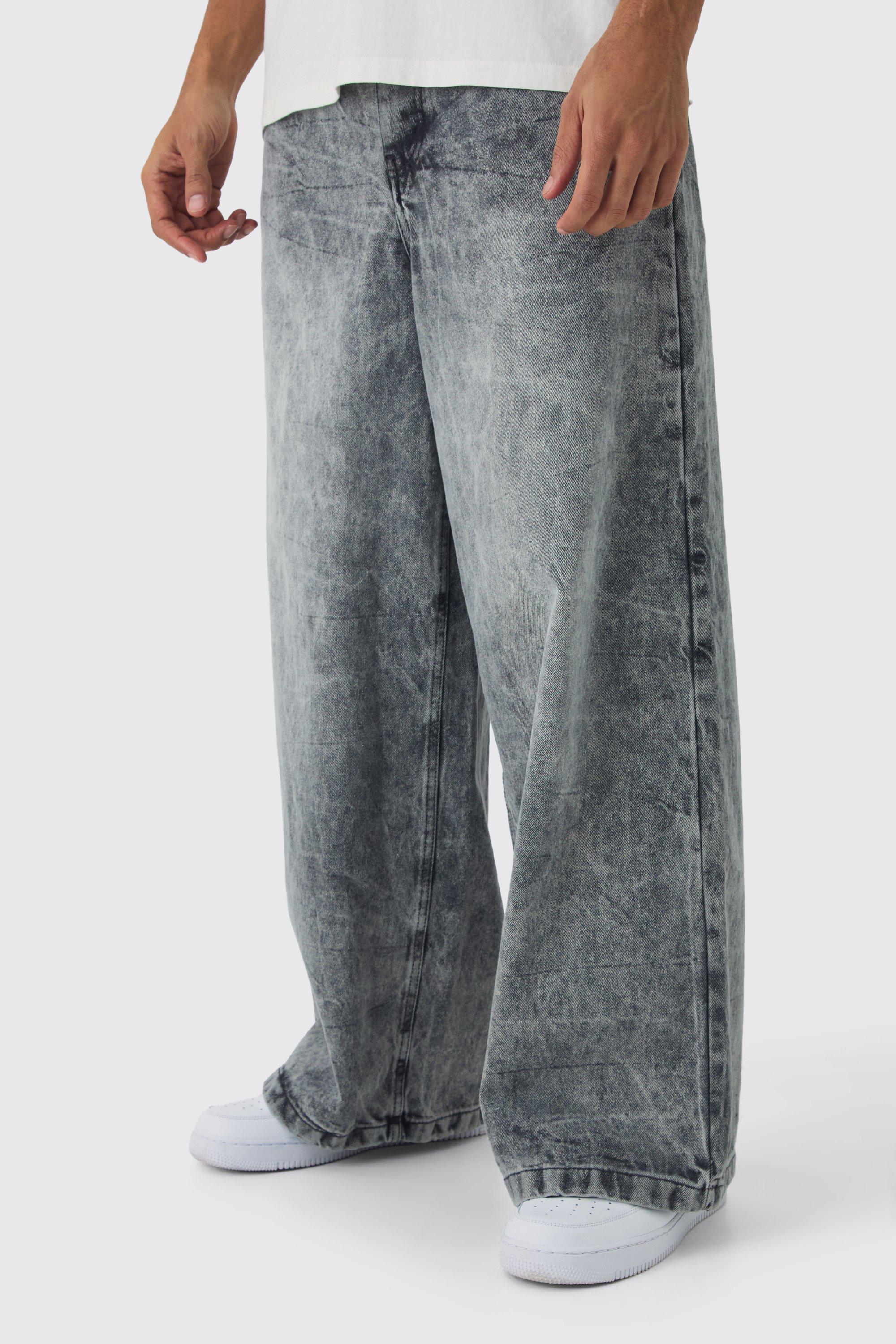 Mens Grey Extreme Baggy Rigid Washed Denim Jeans, Grey