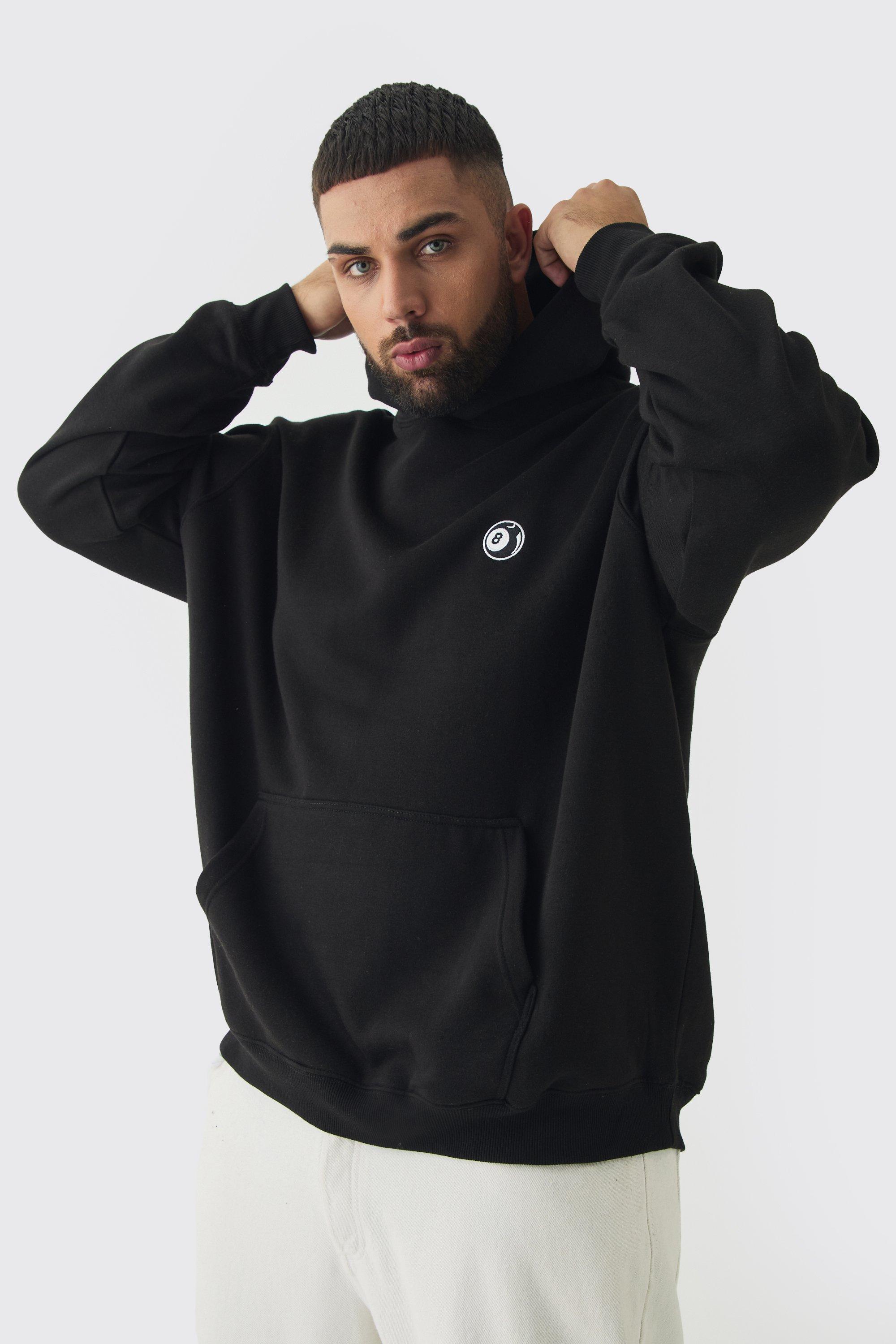 Mens Black Plus 8 Ball Embroidered Hoodie, Black