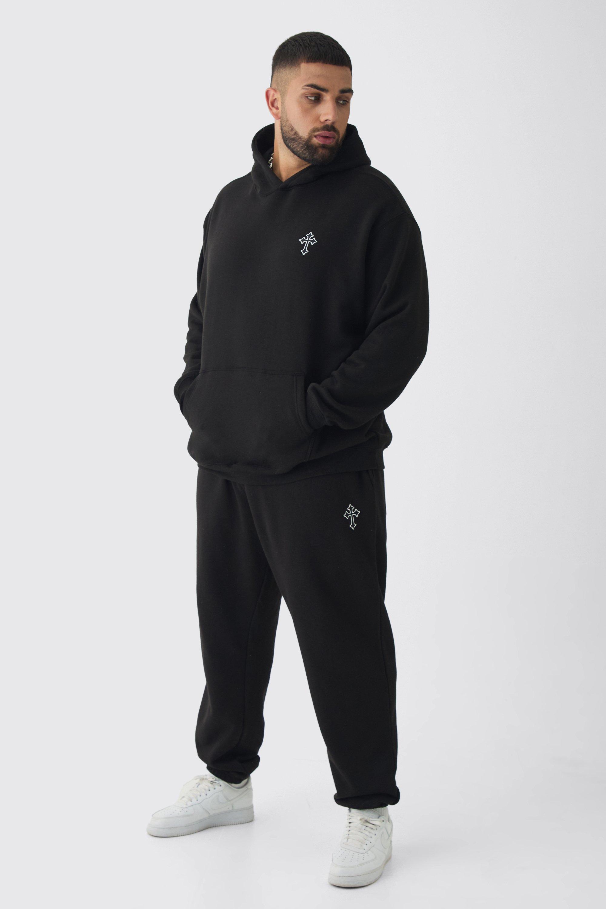 Mens Black Plus Gothic Cross Embroidered Hooded Tracksuit, Black