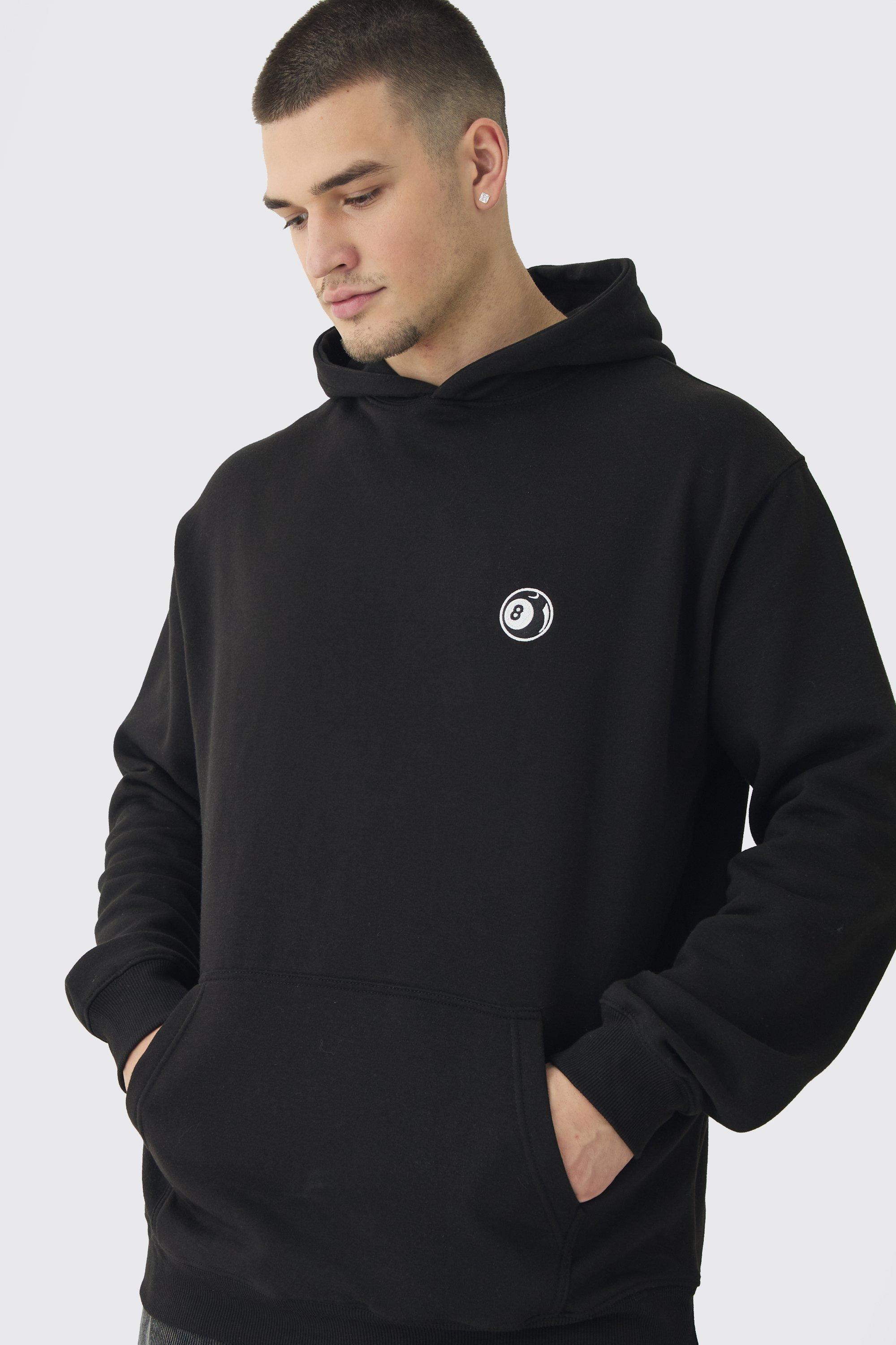 Mens Black Tall 8 Ball Embroidered Hoodie, Black