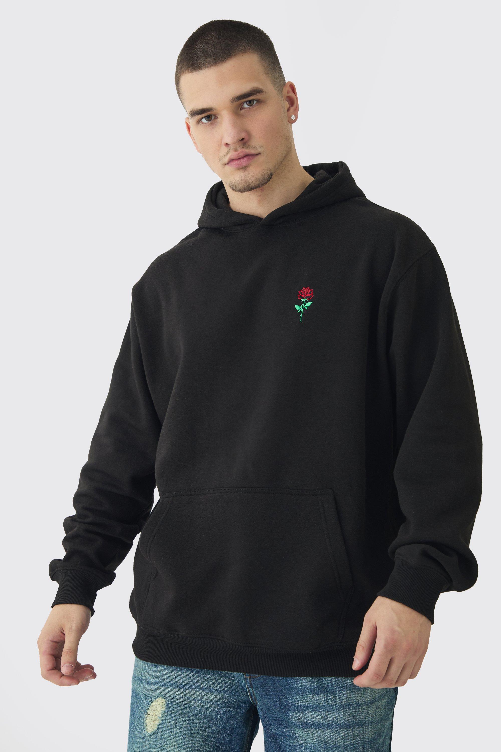 Mens Black Tall Rose Embroidered Hoodie, Black