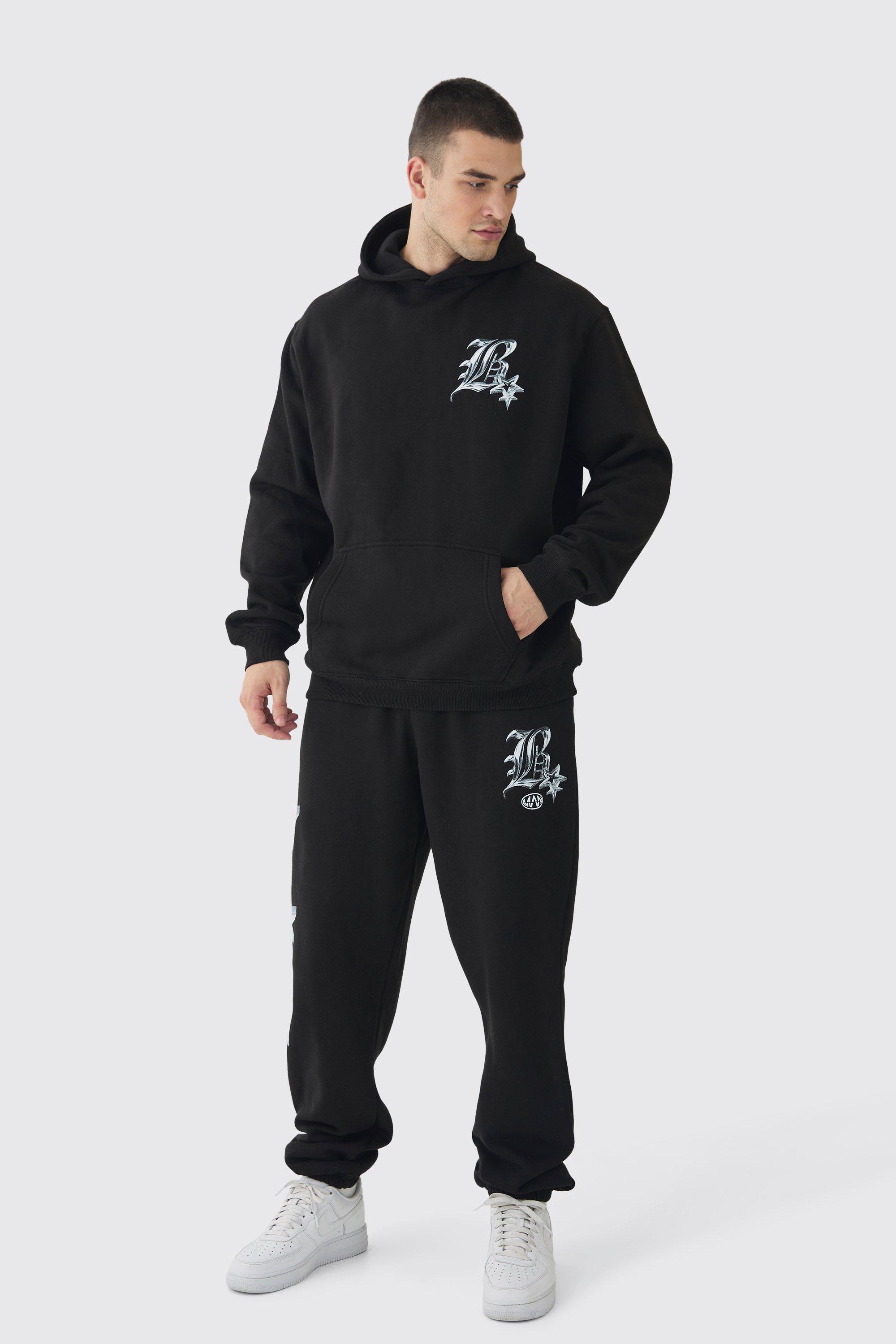 Mens Black Tall Metallic Y2K Graphic Tracksuit, Black