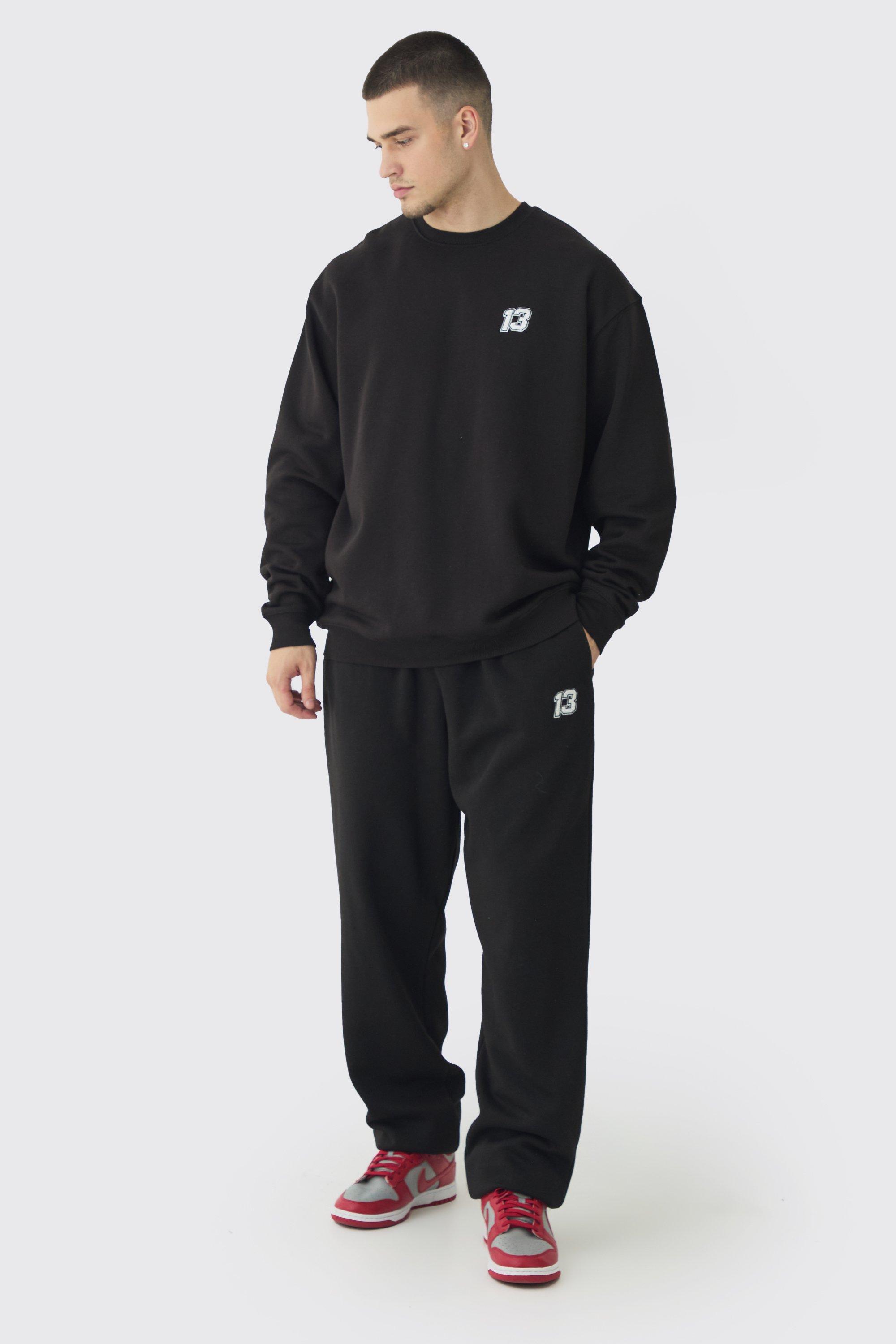 Mens Black Tall 13 Embroidered Sweat Tracksuit, Black