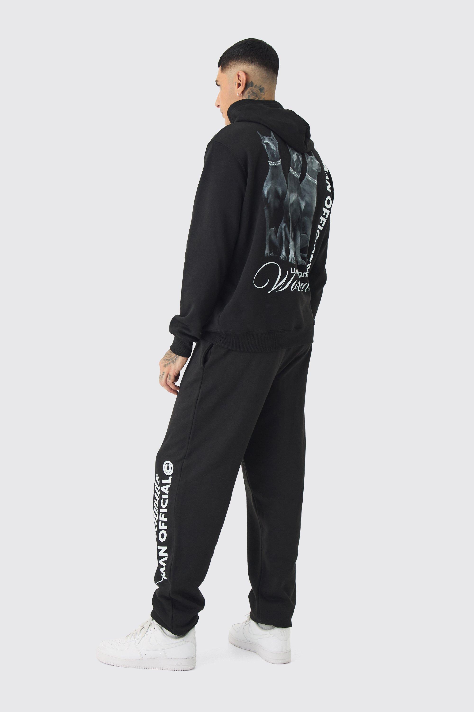 Mens Black Tall Doberman Graphic Back Print Oversized Tracksuit, Black