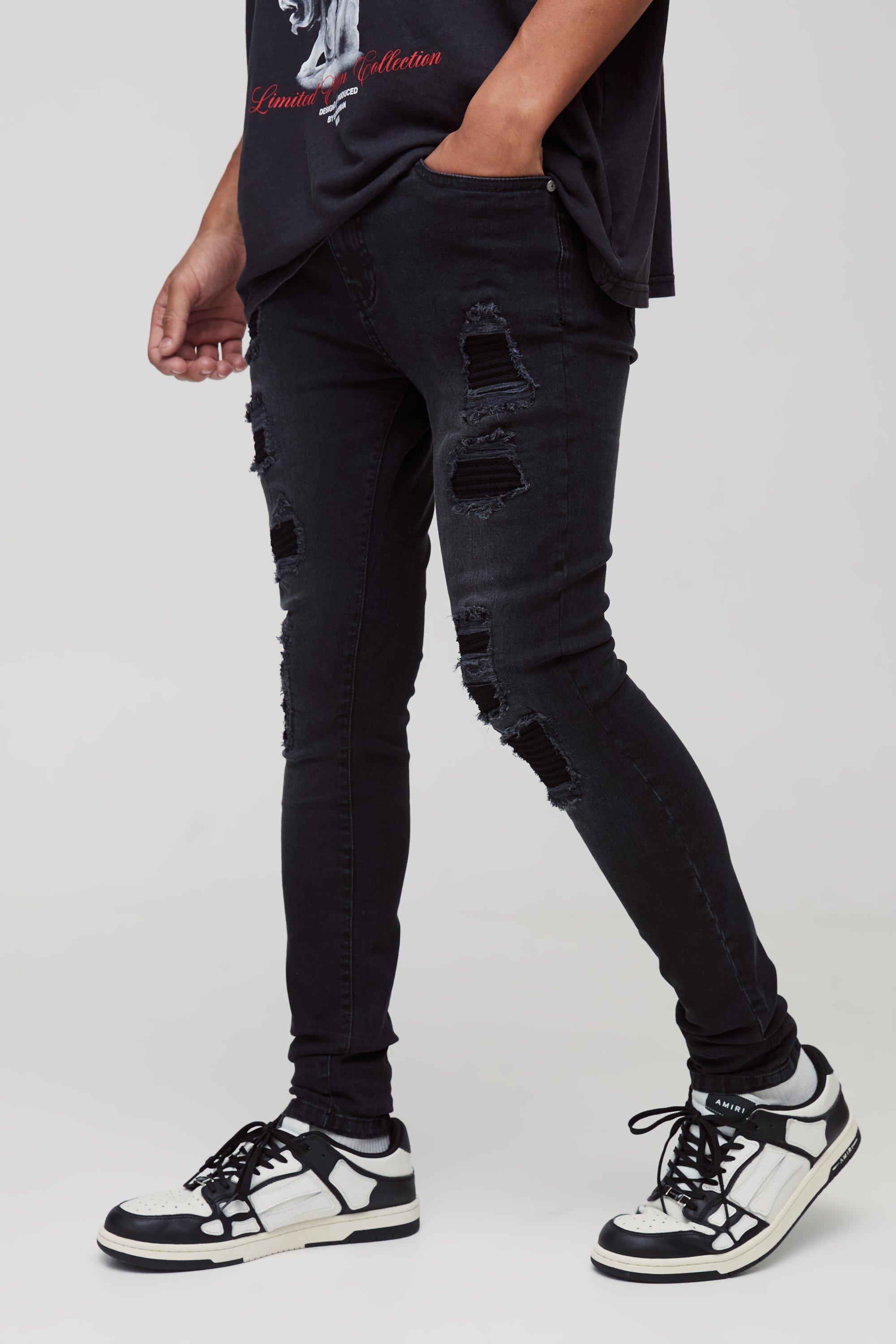 Mens Black Super Skinny Stretch Biker Rip & Repair Jeans, Black
