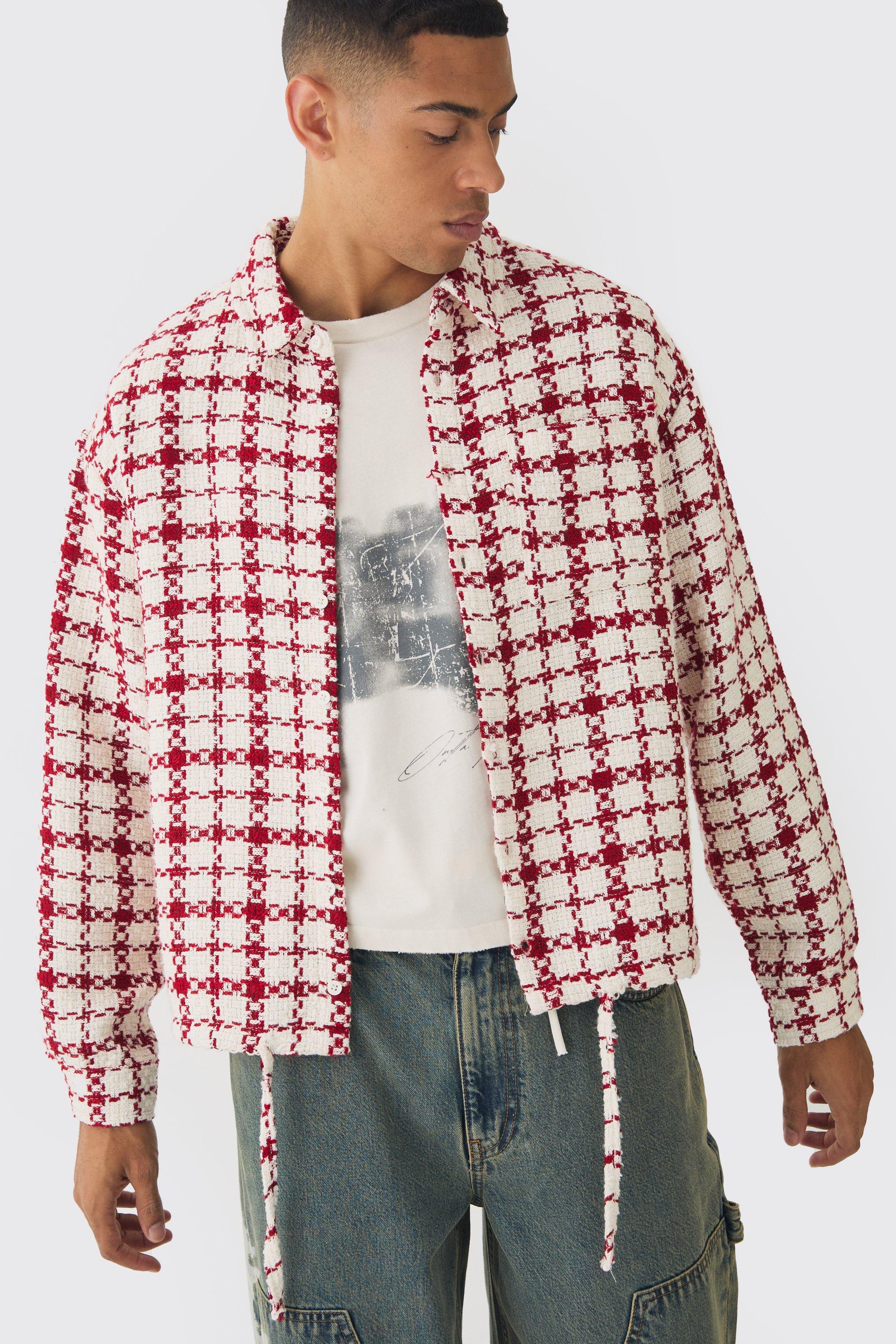 Mens Red Oversized Boucle Bungee Hem Check Overshirt, Red