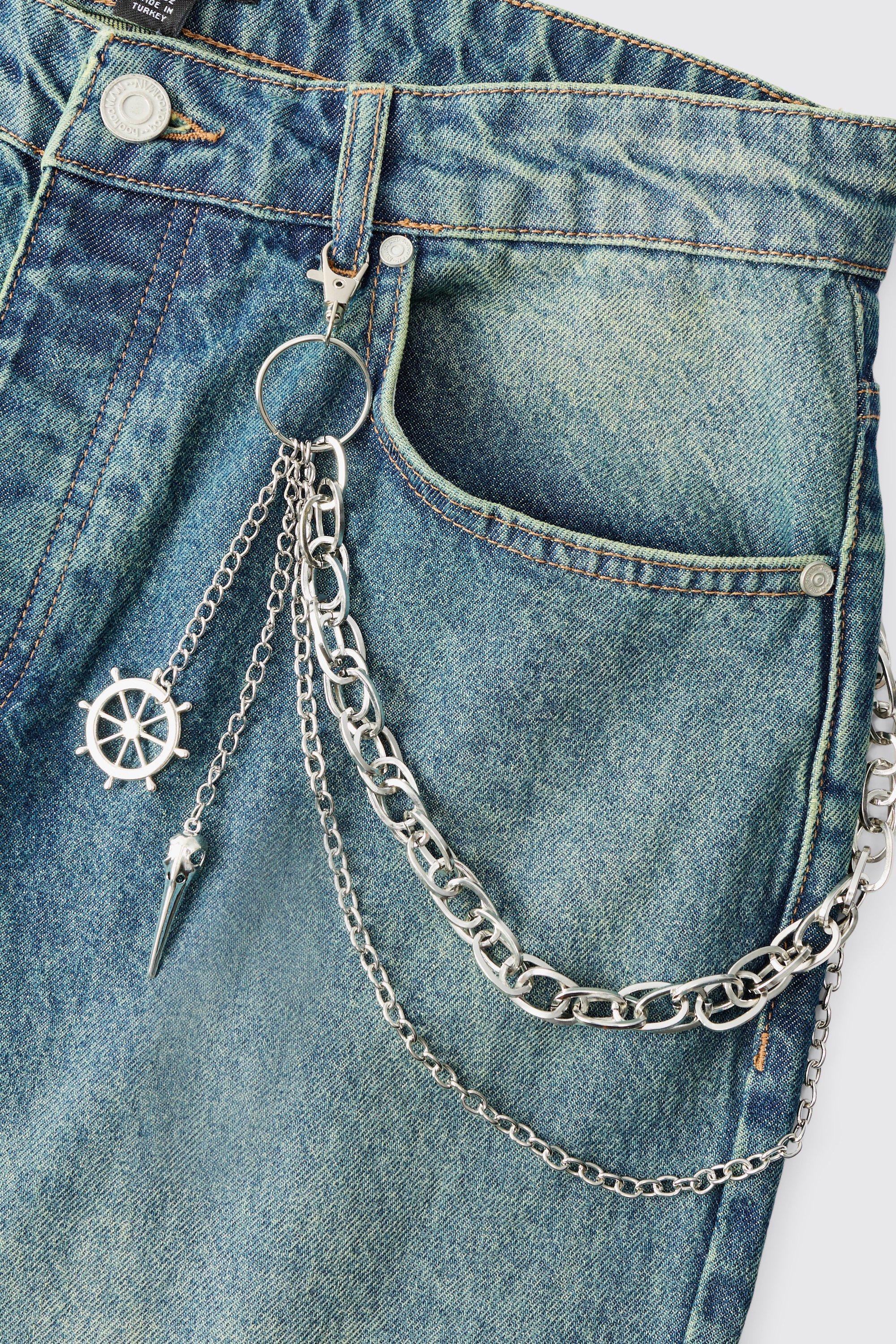 Mens Grey Compass Layered Jean Chain In Silver, Grey