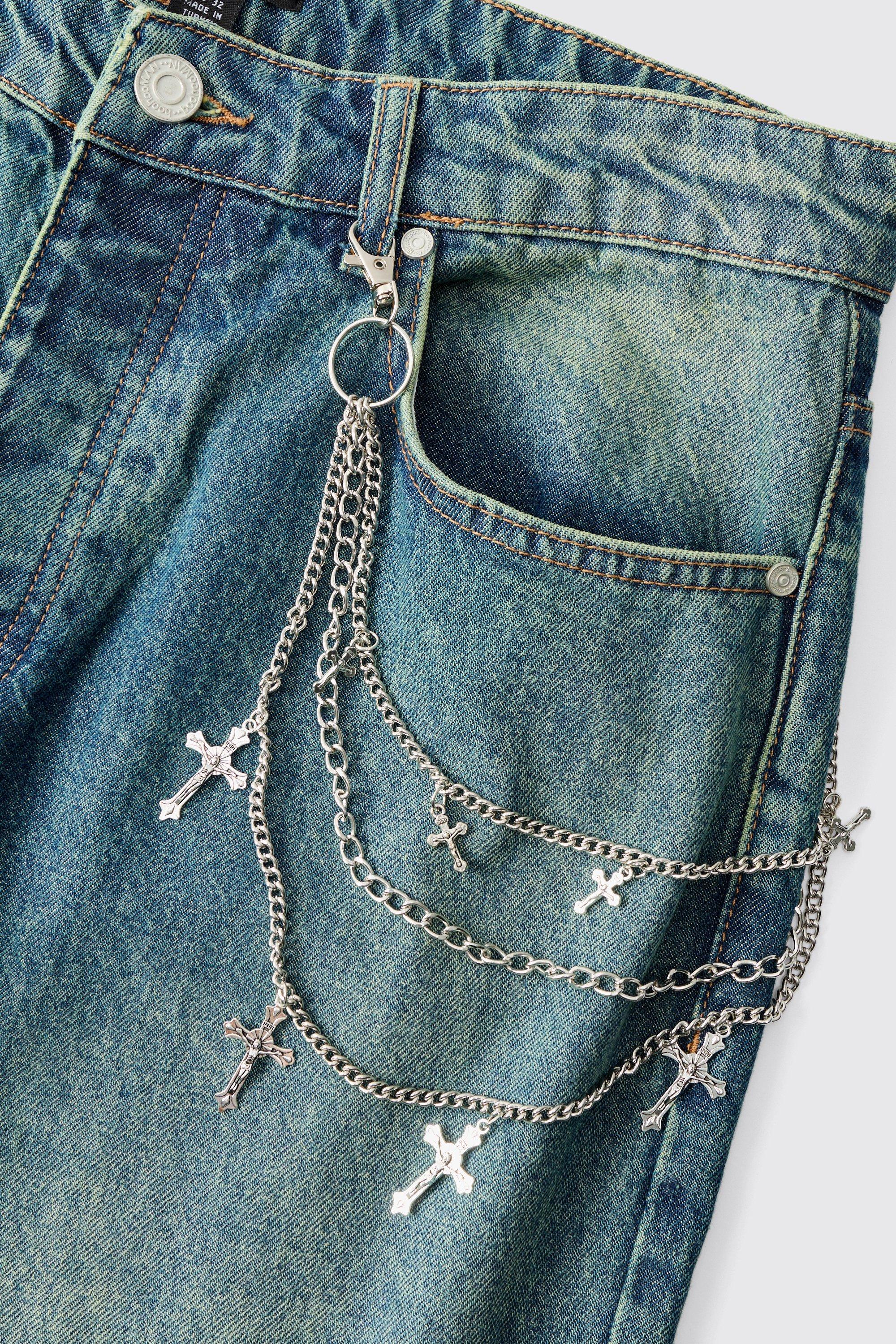 Mens Grey Layered Cross Jean Chain In Silver, Grey