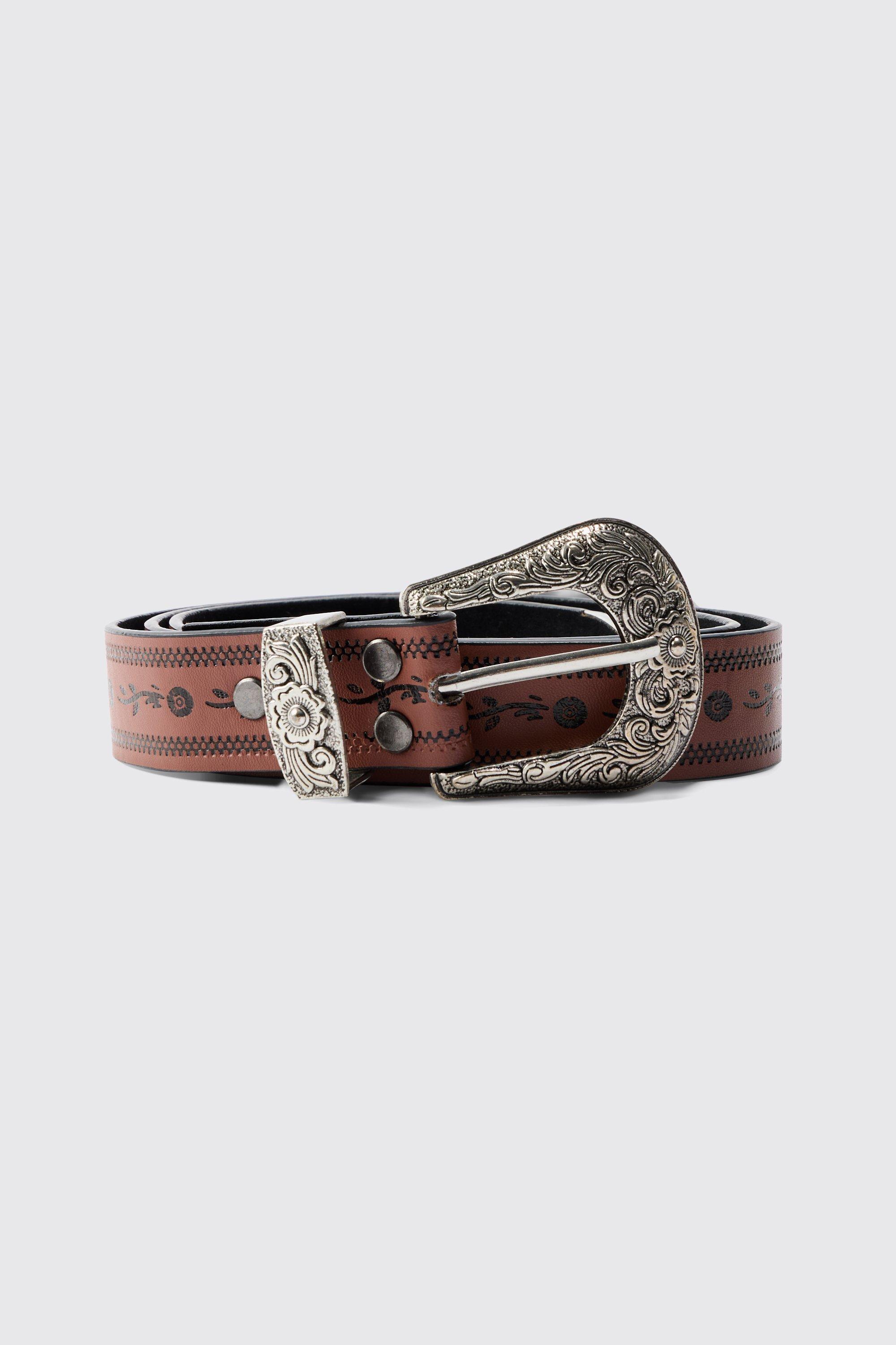 Mens Brown Western Embossed Belt, Brown