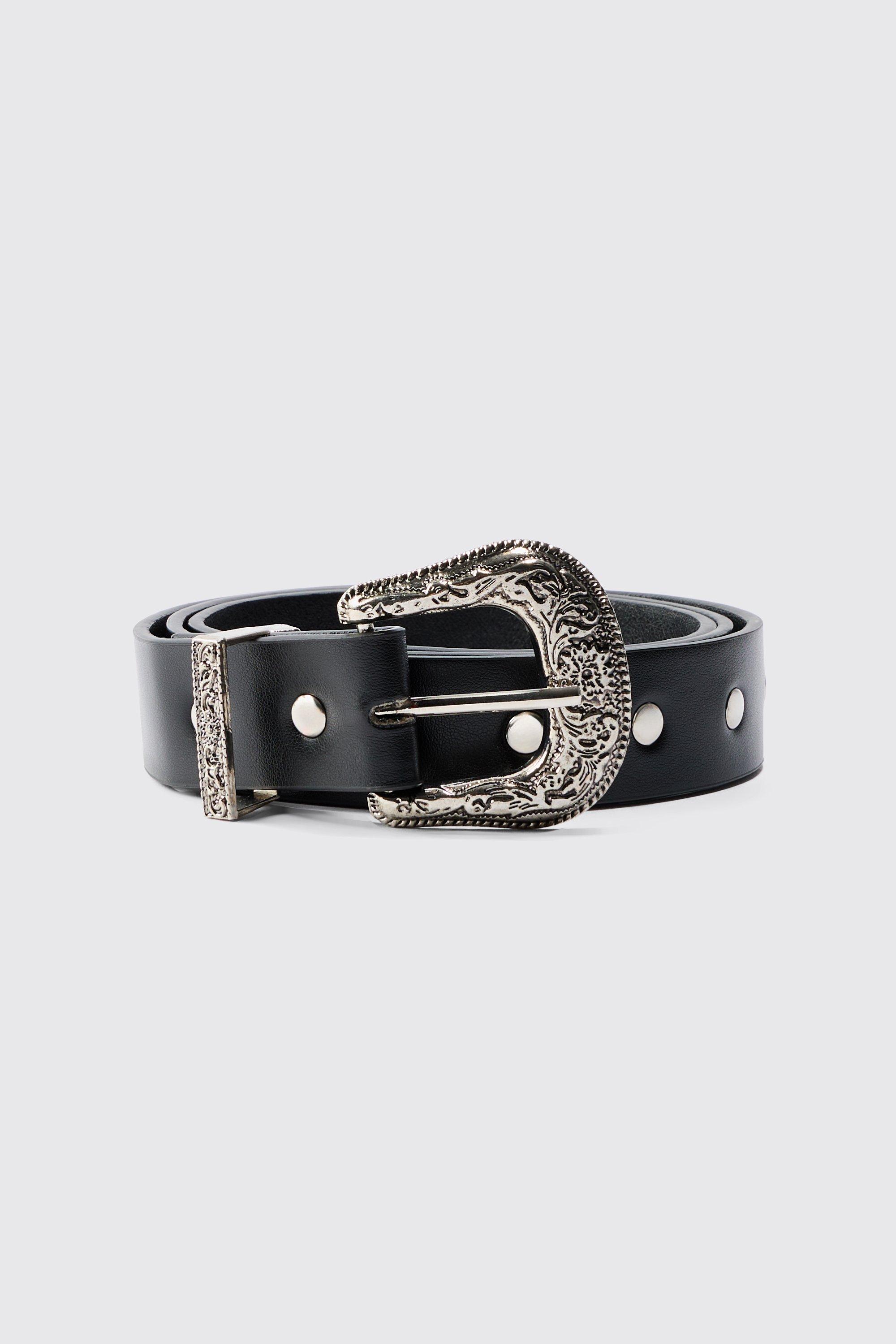 Mens Grey Black Western Studded Silver Buckle Belt, Grey