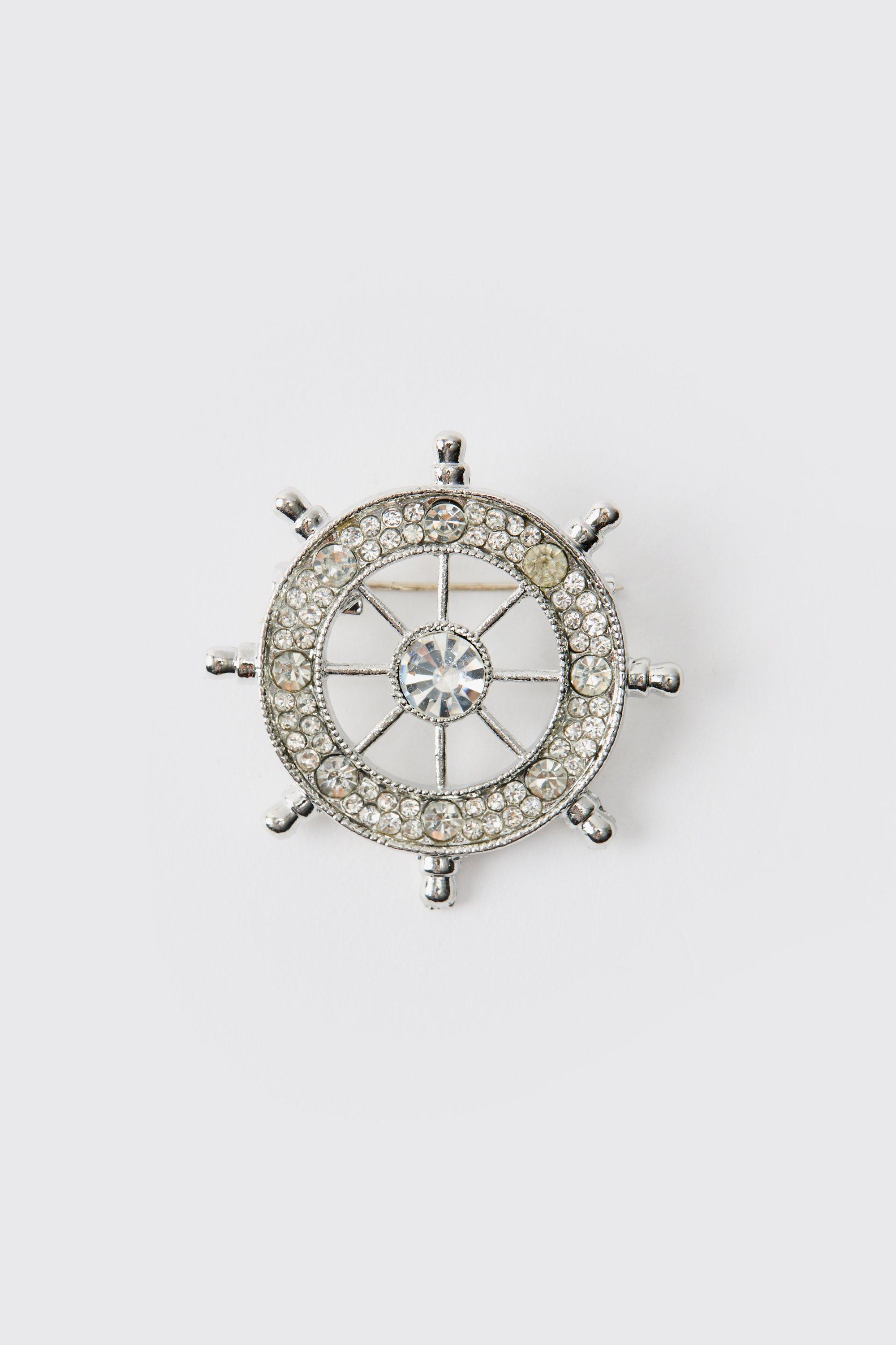 Mens Grey Silver Compass Brooch, Grey