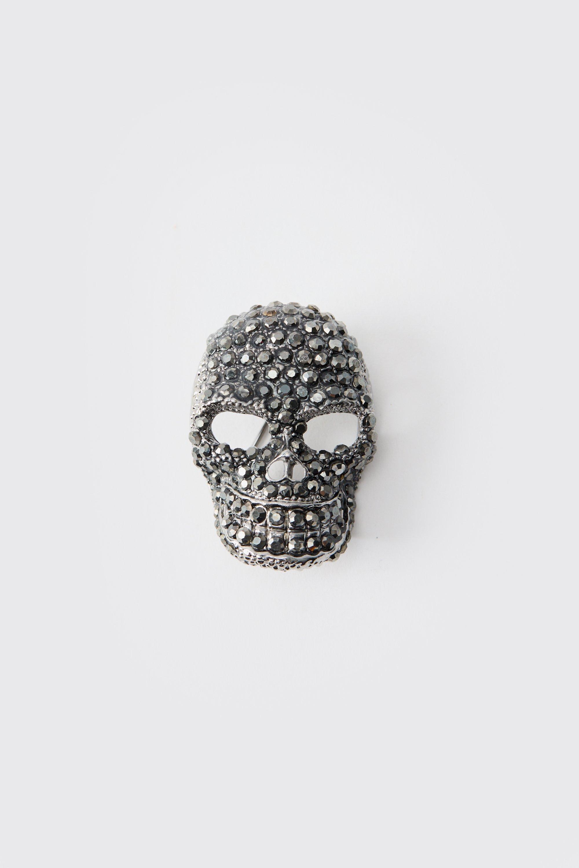 Mens Grey Silver Skull Brooch, Grey