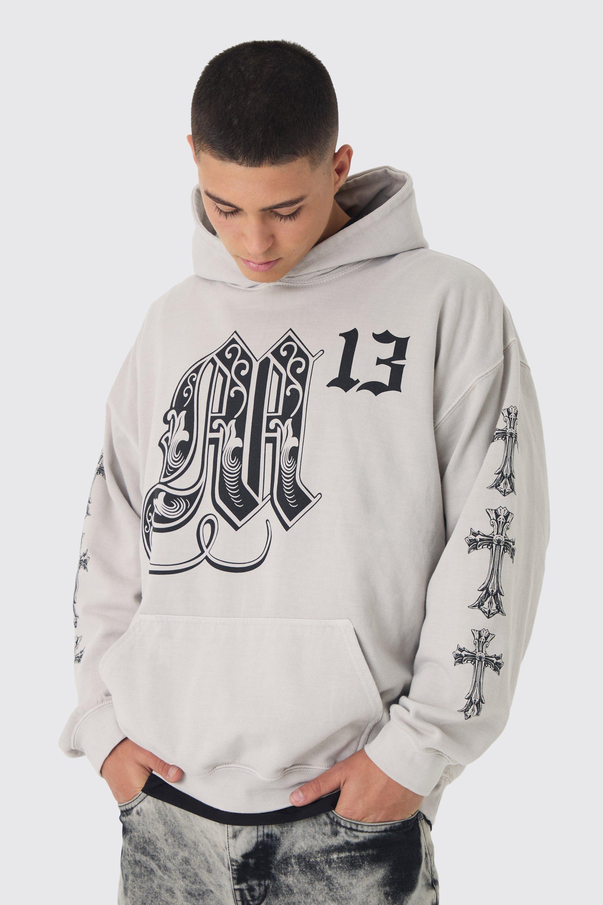 Mens Beige Oversized Washed Cross Print Hoodie, Beige