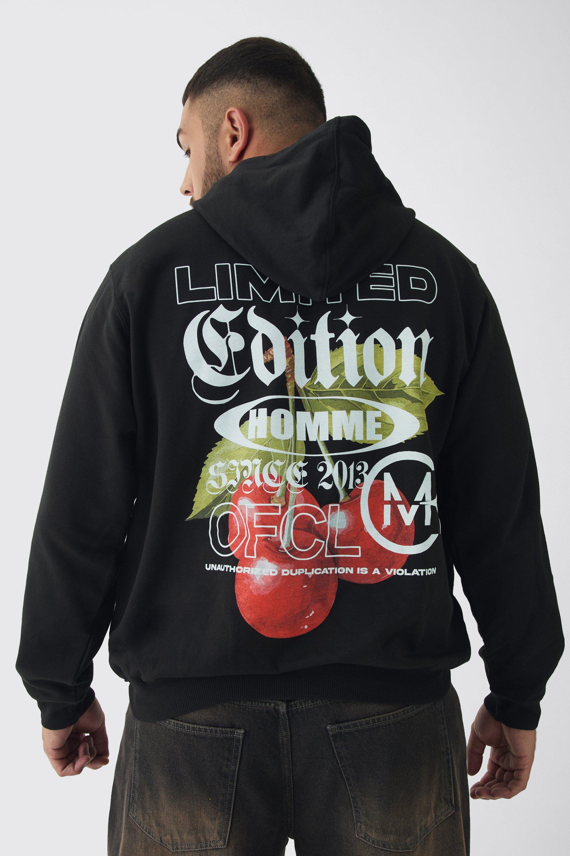 Mens Black Plus Cherry Graphic Back Print Oversized Hoodie, Black