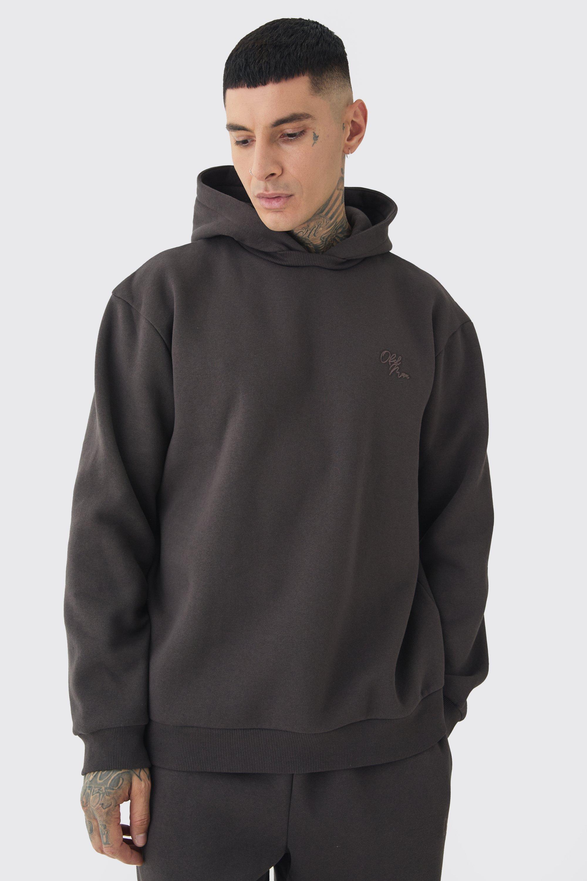 Mens Brown Tall Brushed Back Oversized Embroidered Hooded Sweat, Brown