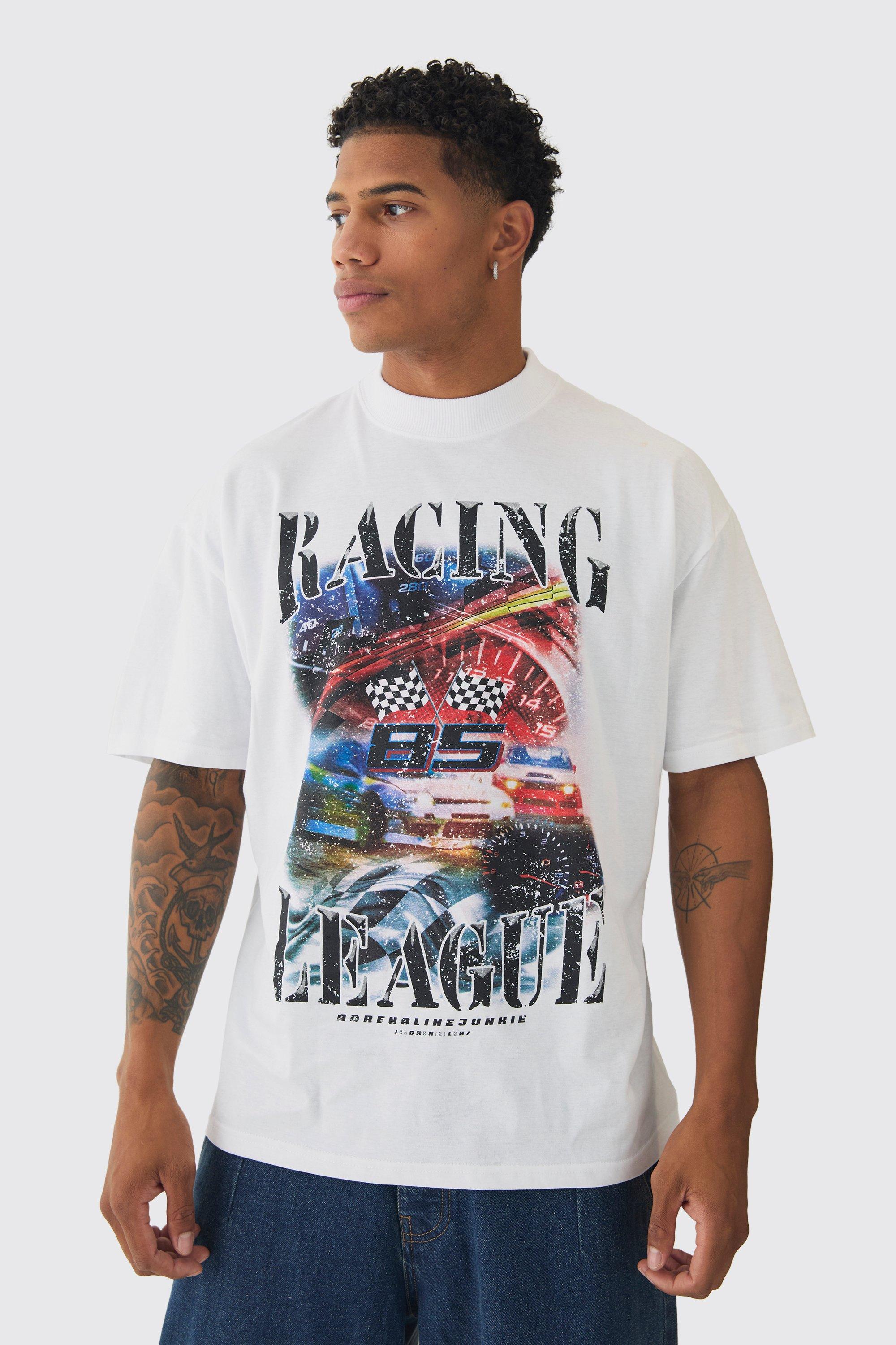 Mens White Oversized Extended Neck Racing Print T-Shirt, White