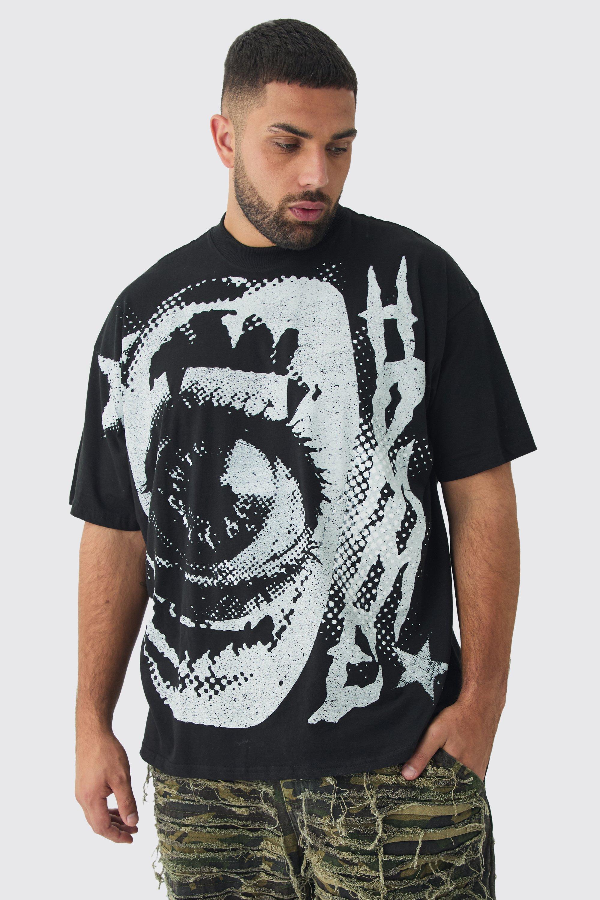 Mens Black Plus Oversized Extended Neck Eye Large Scale Print T-Shirt, Black