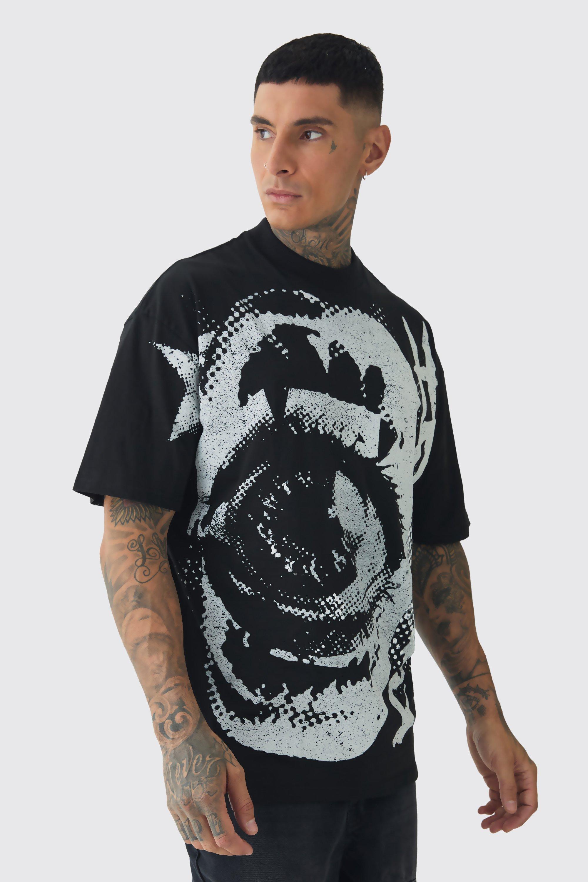 Mens Black Tall Oversized Extended Neck Eye Large Scale Print T-Shirt, Black